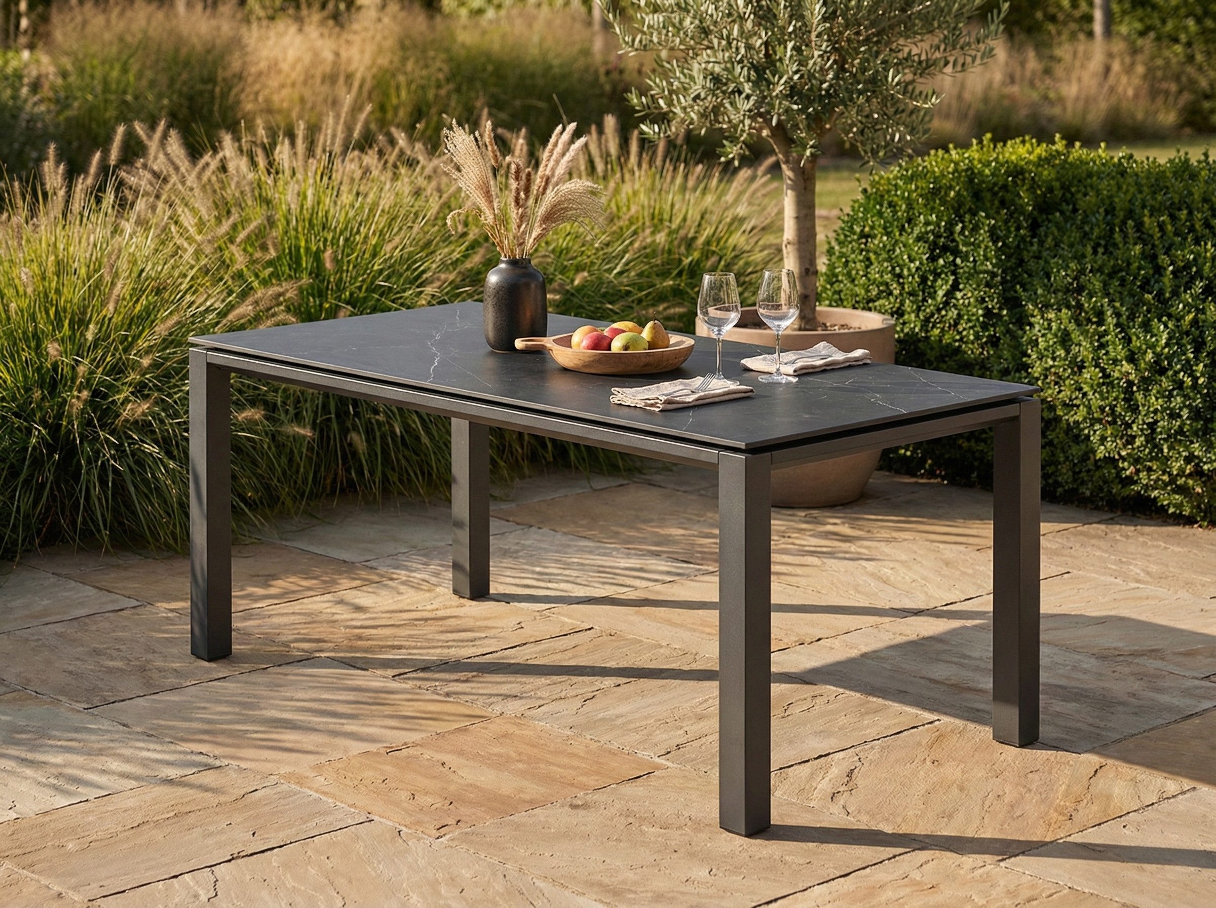 GERMES Gartentisch "Monte Carlo" Sintersteinplatte Marmor-Optik 180x90cm, für bis zu 8 Personen, Aluminiumgestell, Witterungsbeständig