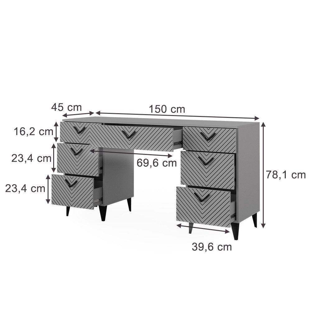 Vicco Schreibtisch Anett, Grau, 150 x 45 cm mit 7 Schubladen (1-St)