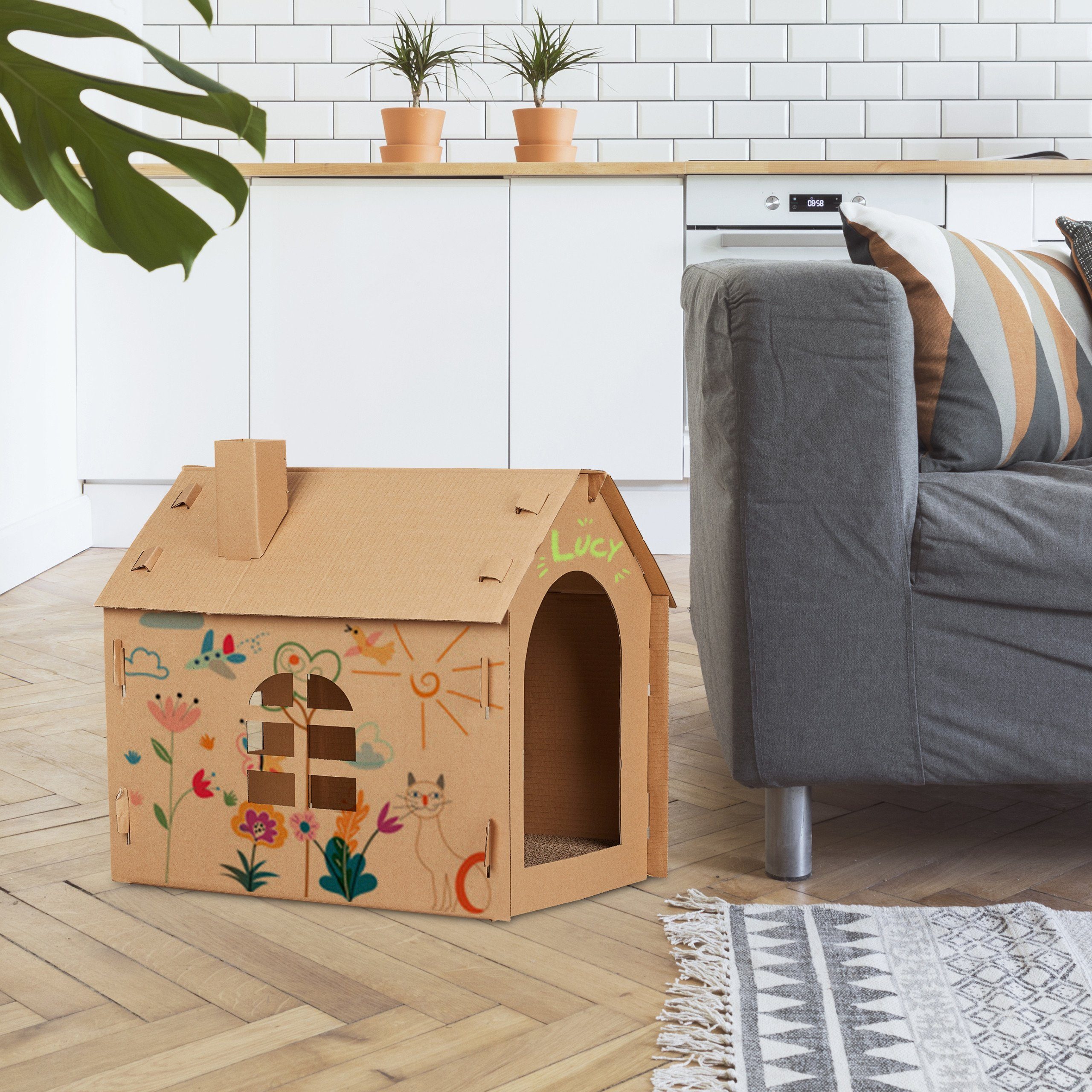 relaxdays Tierhöhle Katzenhaus Pappe mit Kratzbrett