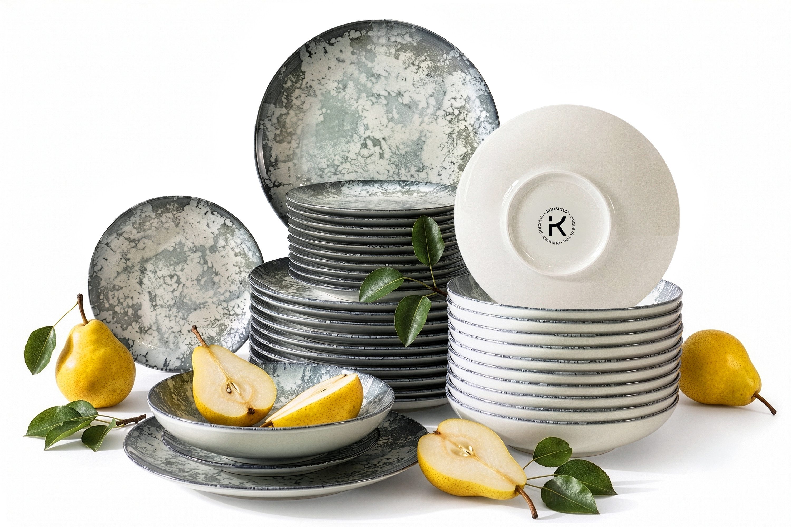KONSIMO® Tafelservice FINGO Geschirr-Set, hergestellt in der EU, (18-tlg), 6 Personen, Porzellan, spülmaschinengeeignet, mikrowellengeeignet, Rundform, Hartporzellan