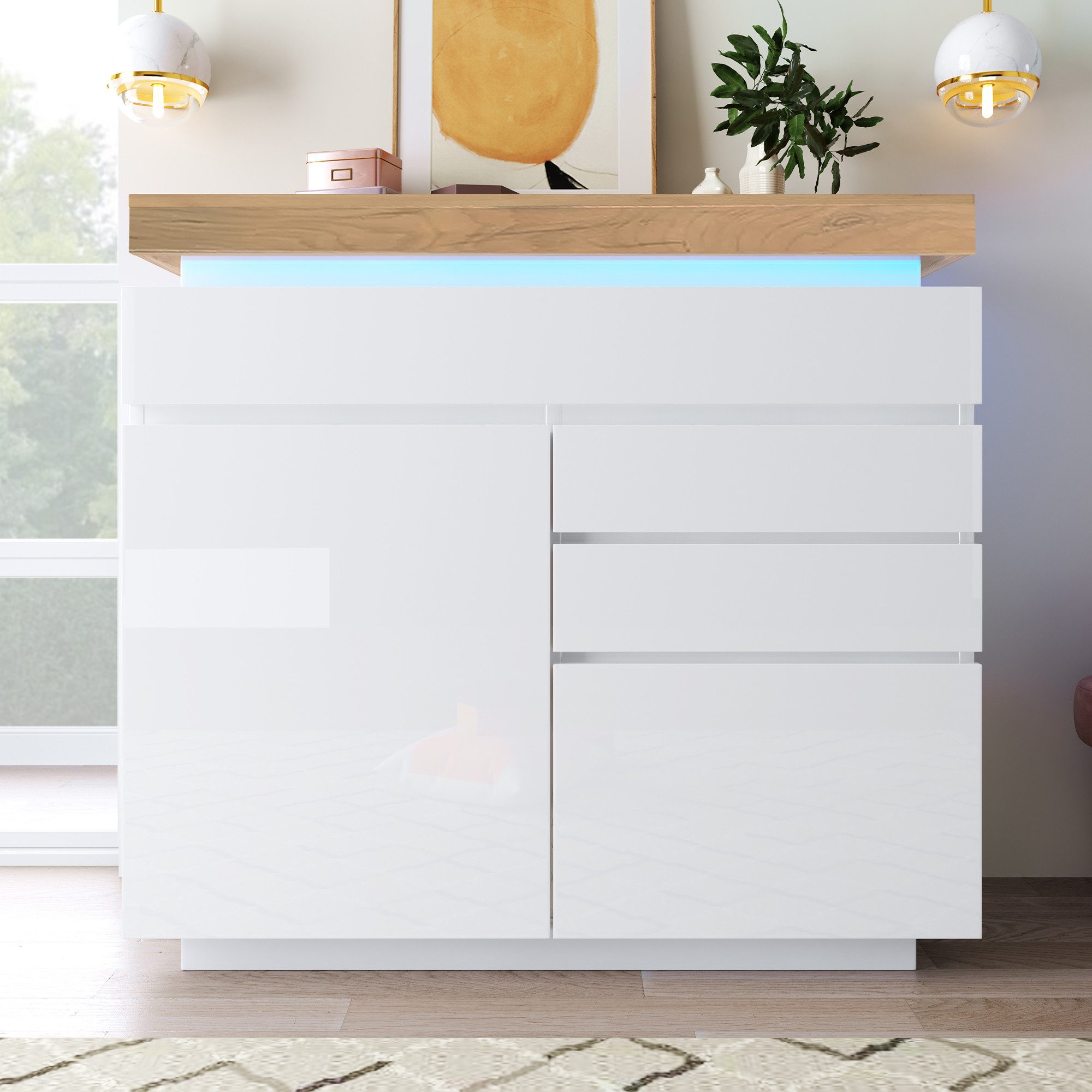 Flieks Kommode mit 2 Türen und 3 Schubladen Hochschrank Weiß (für Wohnzimmer, Schlafzimmer und Esszimmer, 1 St), Sideboard mit LED und verstellbar Ablagen Hochglanz, Breite 110 cm