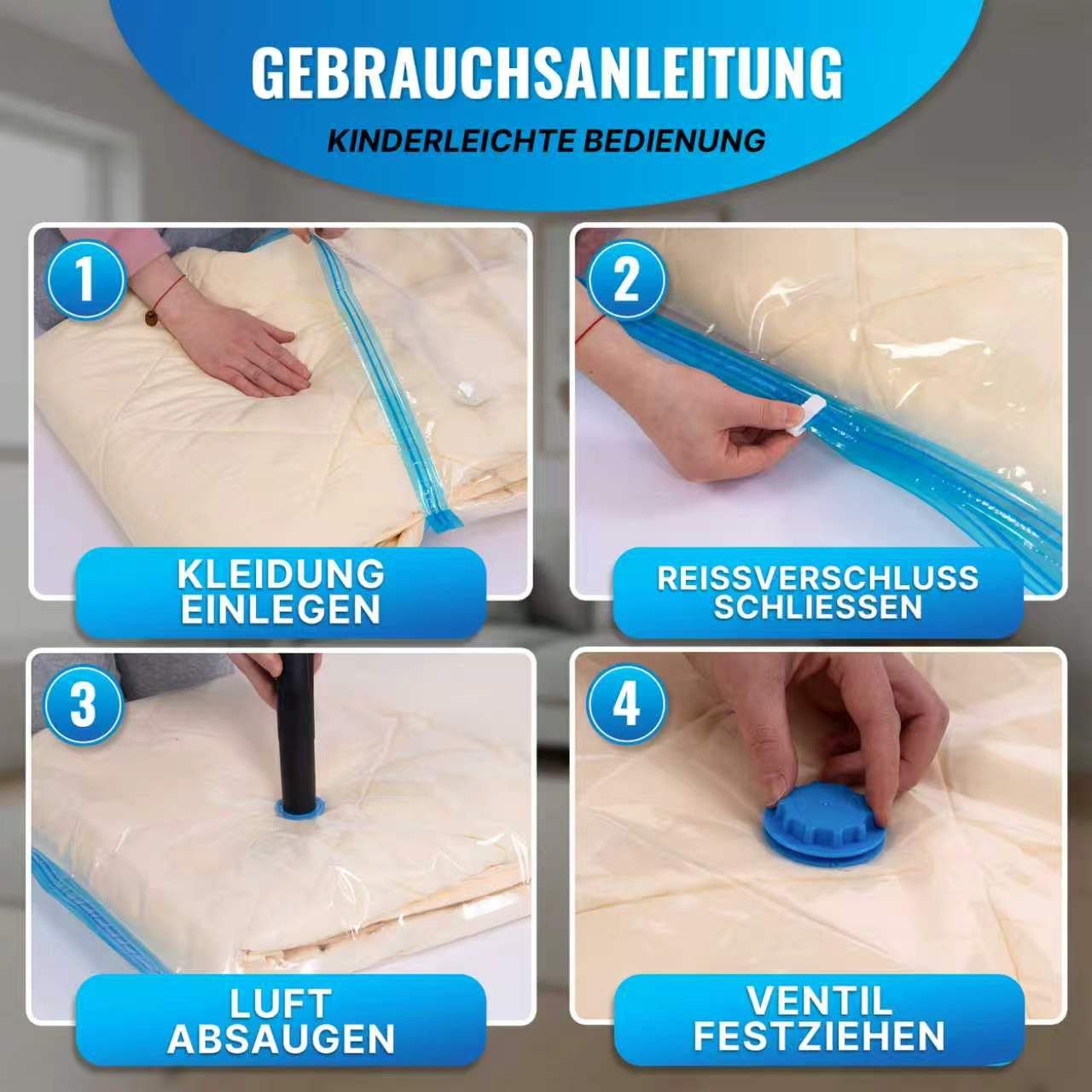 Allyson Vakuumbehälter Vakuumierbeutel für Kleidung Mit Pumpe – platzsparend & luftdicht, (Komplett-Set), 16 Stück und 4 verschiedenen Beutelgrößen – Bild 5 von 5