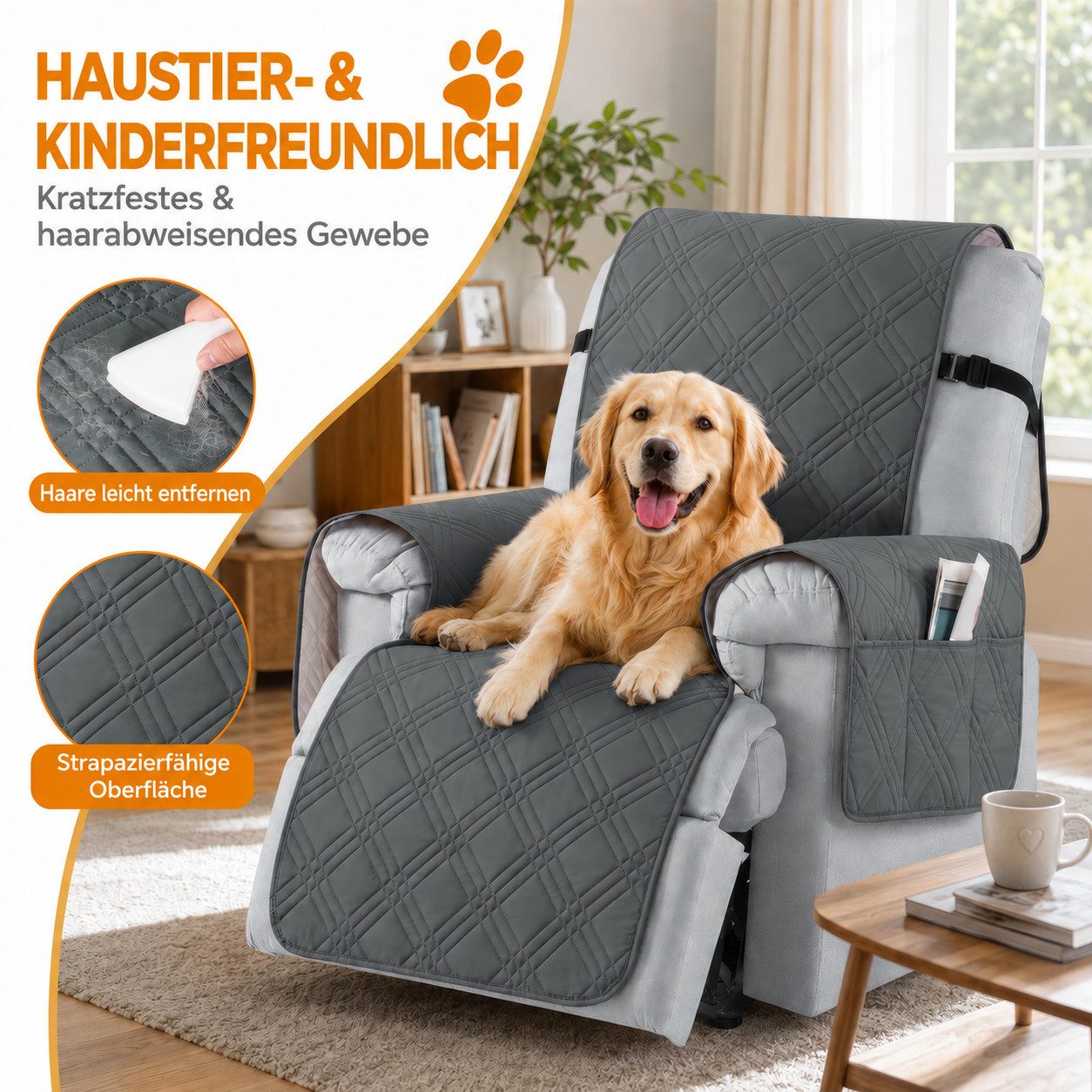 BlingBin Sesselschoner Sessel Überzug Rutschfest,Sesselbezug Fernsehsessel mit Taschen, 100% Wasserdicht, für Relaxsessel 1 Sitzer, Maschinenwaschbar – Bild 4 von 5