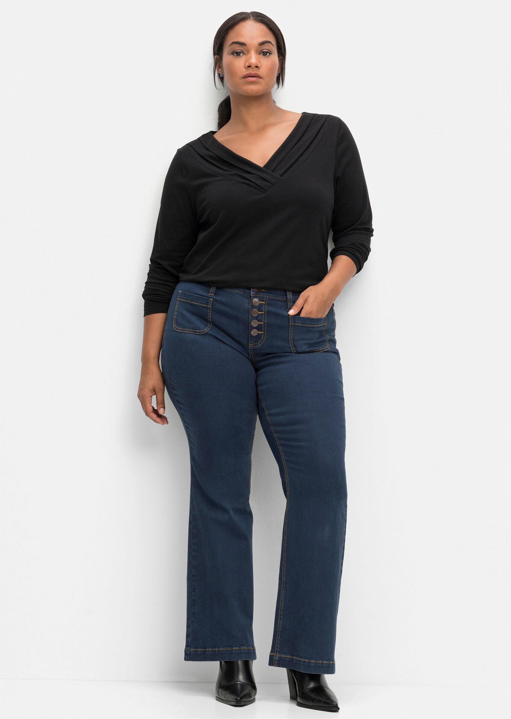 sheego by Joe Browns T-Shirt Langarmshirt . mit Zierfalten am V-Ausschnitt, günstig online kaufen