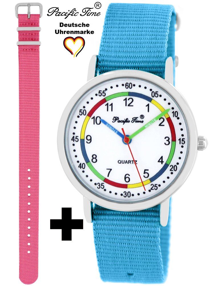 Pacific Time Quarzuhr Set Kinder Armbanduhr First Lernuhr Wechselarmband, Mix und Match Design - Gratis Versand rosa und hellblau
