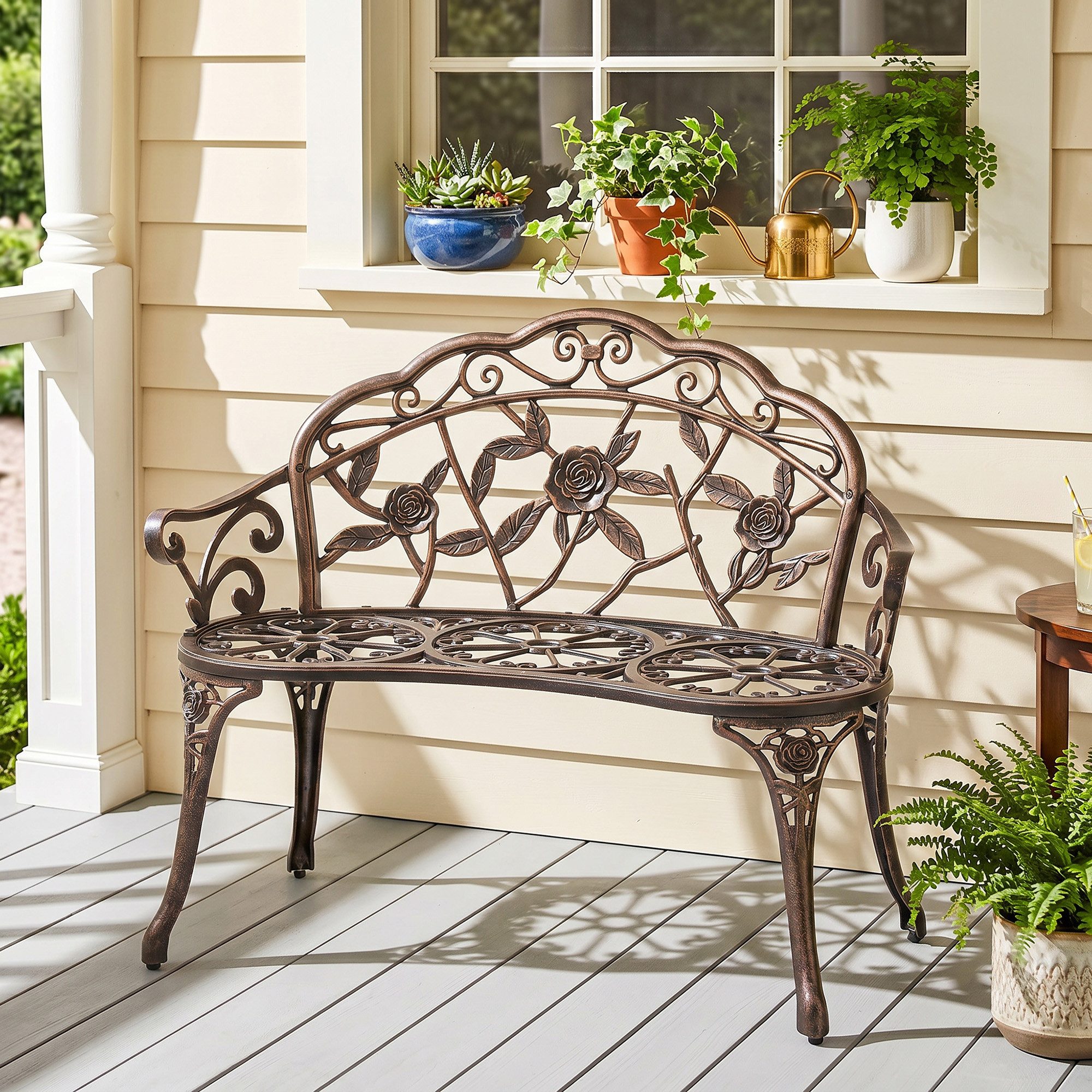 Outsunny Gartenbank Balkonbank Retro Stil, Blumenmuster, 240 kg belastbar, Antik Grün (Balkonbank, 1-St., Sitzbank im Retro Stil), für Balkon Terrasse, Garten, 100 x 54 x 78 cm, Bronze