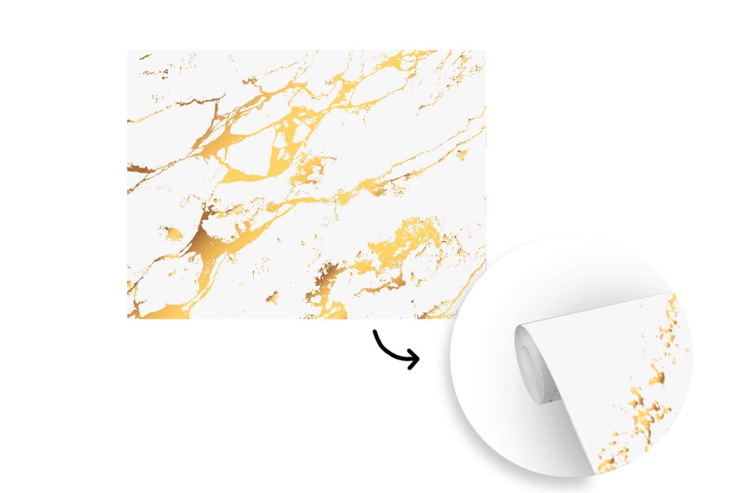 - Schlafzimmer, Luxus, Gold Fototapete Weiß Wallpaper (6 St), - Matt, für Wohnzimmer, bedruckt, Kinderzimmer, Vinyl Tapete - Marmor MuchoWow
