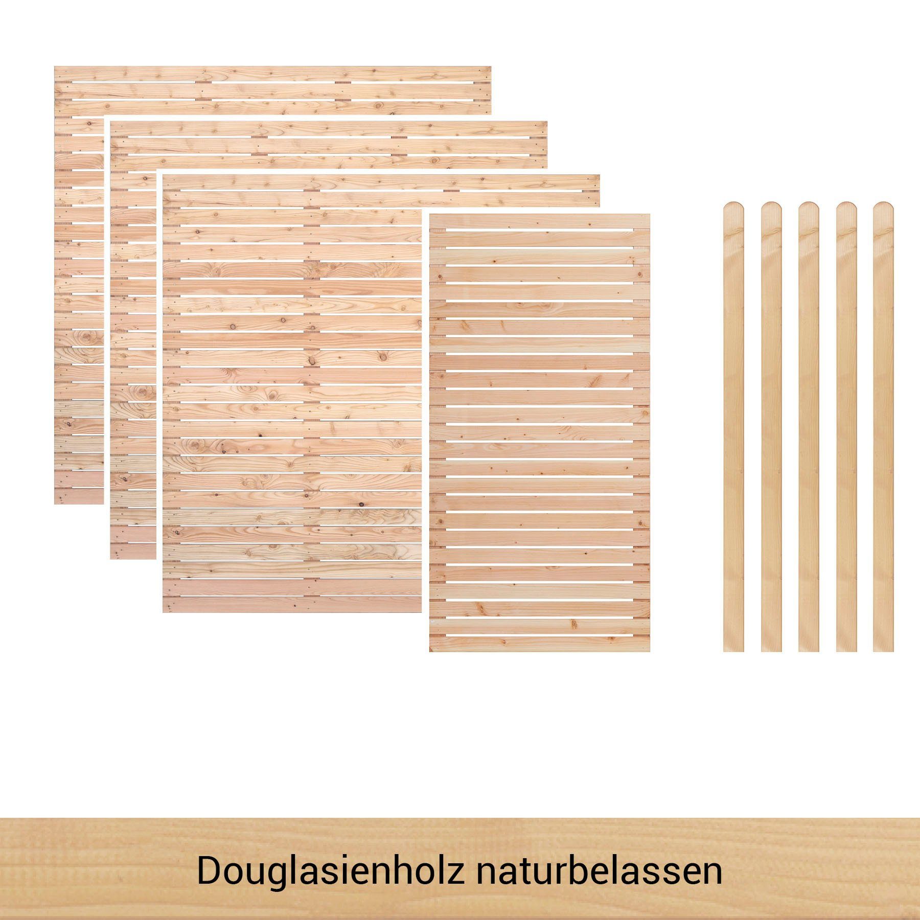 BM Massivholz Zaun Kurt Set 3.1, (Set), 3 Elemente 180 x 180cm, 1 Element 90x180cm, 5 Pfosten, Länge 190cm