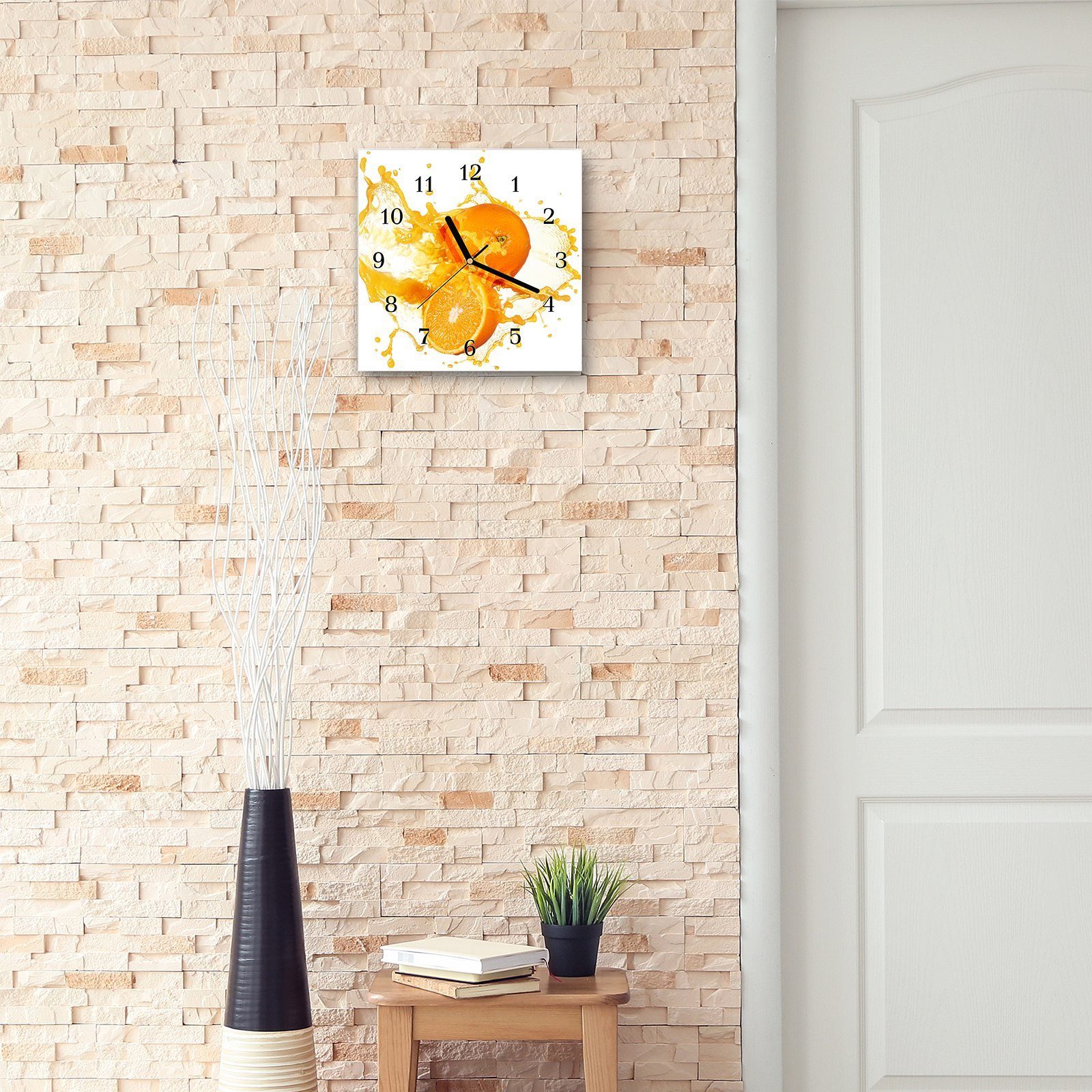 Wanduhr Wandkunst 30 aus x Motiv Wanduhr Glasuhr Größe Orange Primedeco cm Saft 30 mit