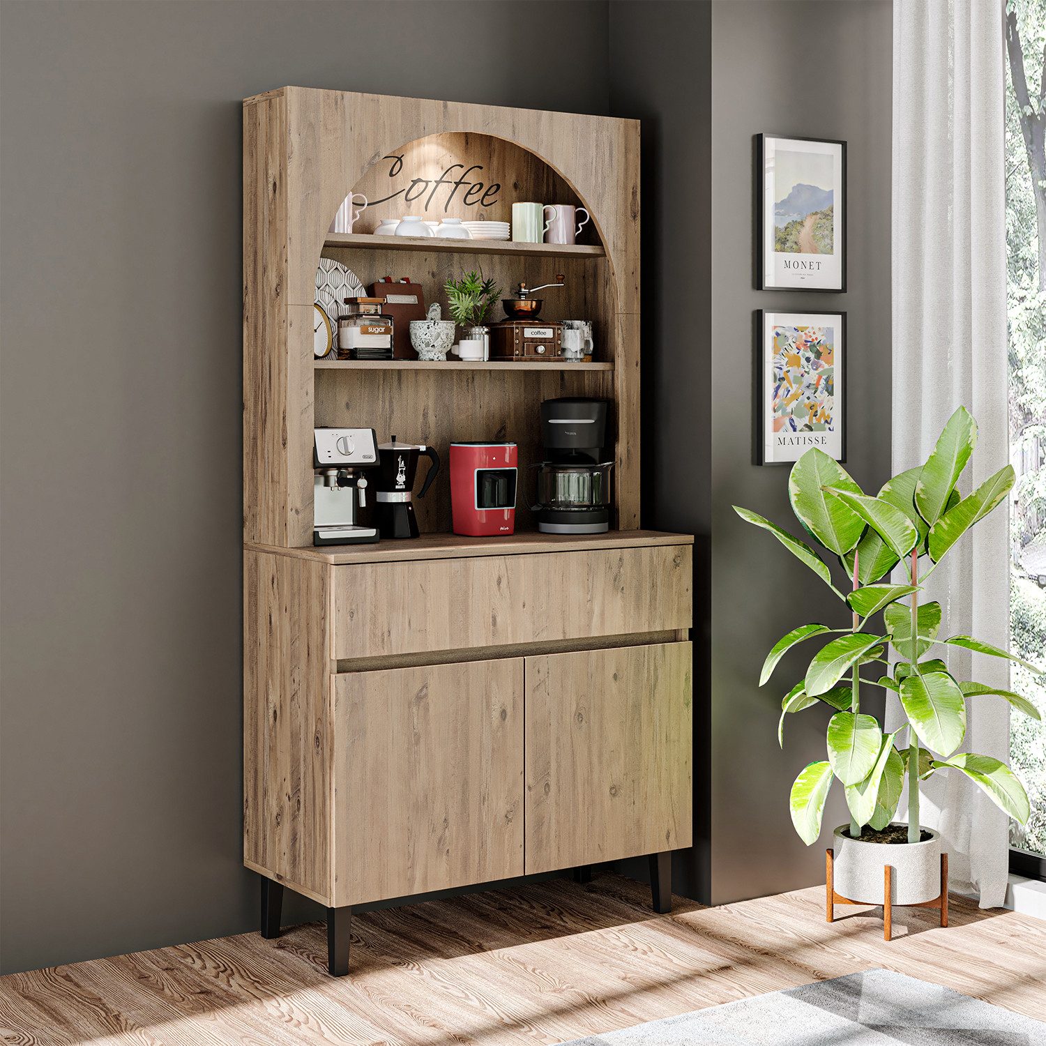 Roomart Küchenregal VENEDIK Küchenschrank 90 cm, Buffet, Schublade in 4 Farben, mit Beleuchtung, offene Nische, Schublade, Einlegeböden in 4 Farben – Bild 4 von 5