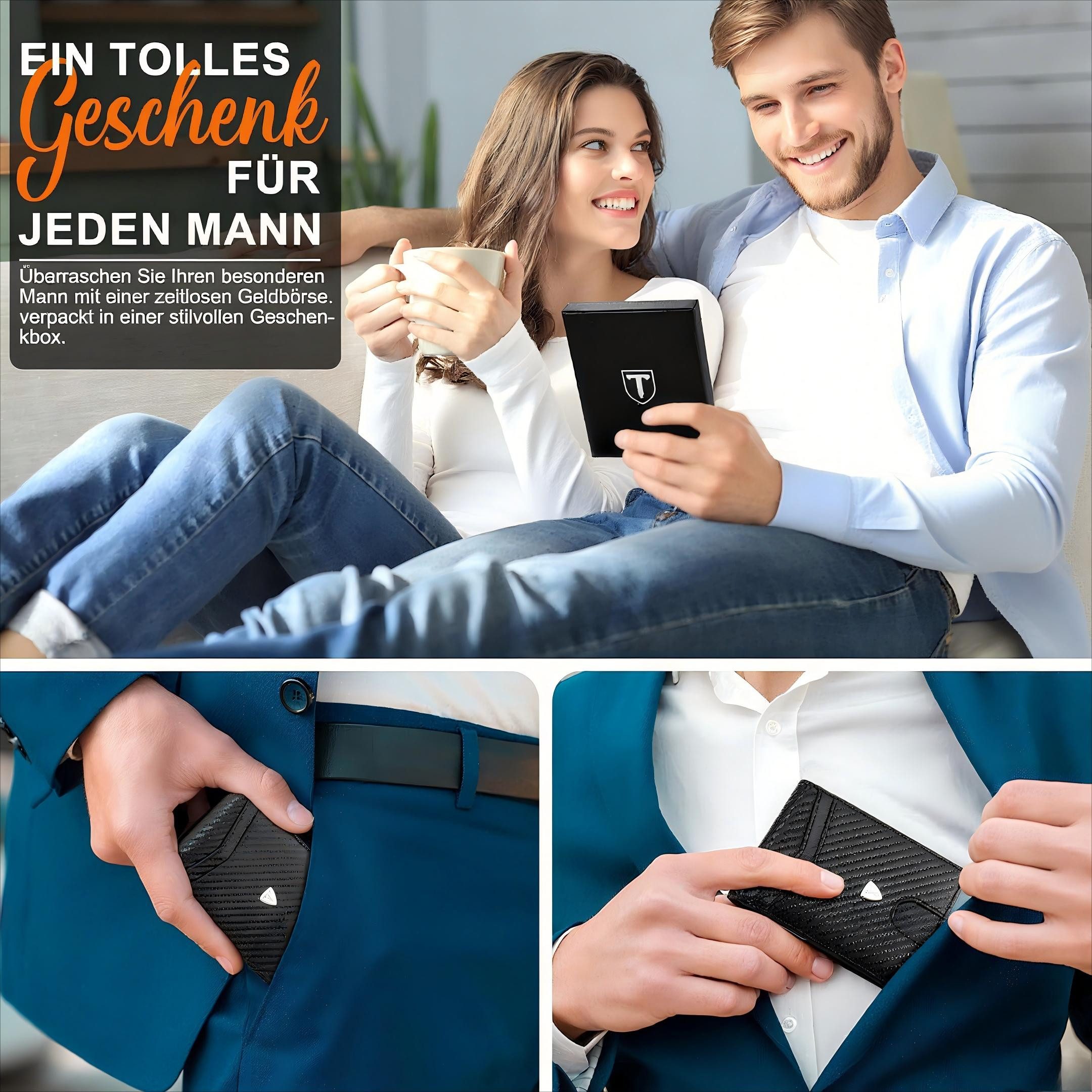 TEEHON Geldbörse Herren Slim Wallet RFID Blocking Kohlefaserleder Portmonee Herren (1-tlg., mit 11 Kartenetui, Ausweisfenster, Geldscheinklammer), Minimalistischer Geldbeutel Herren mit Geschenkbox - Schwarz