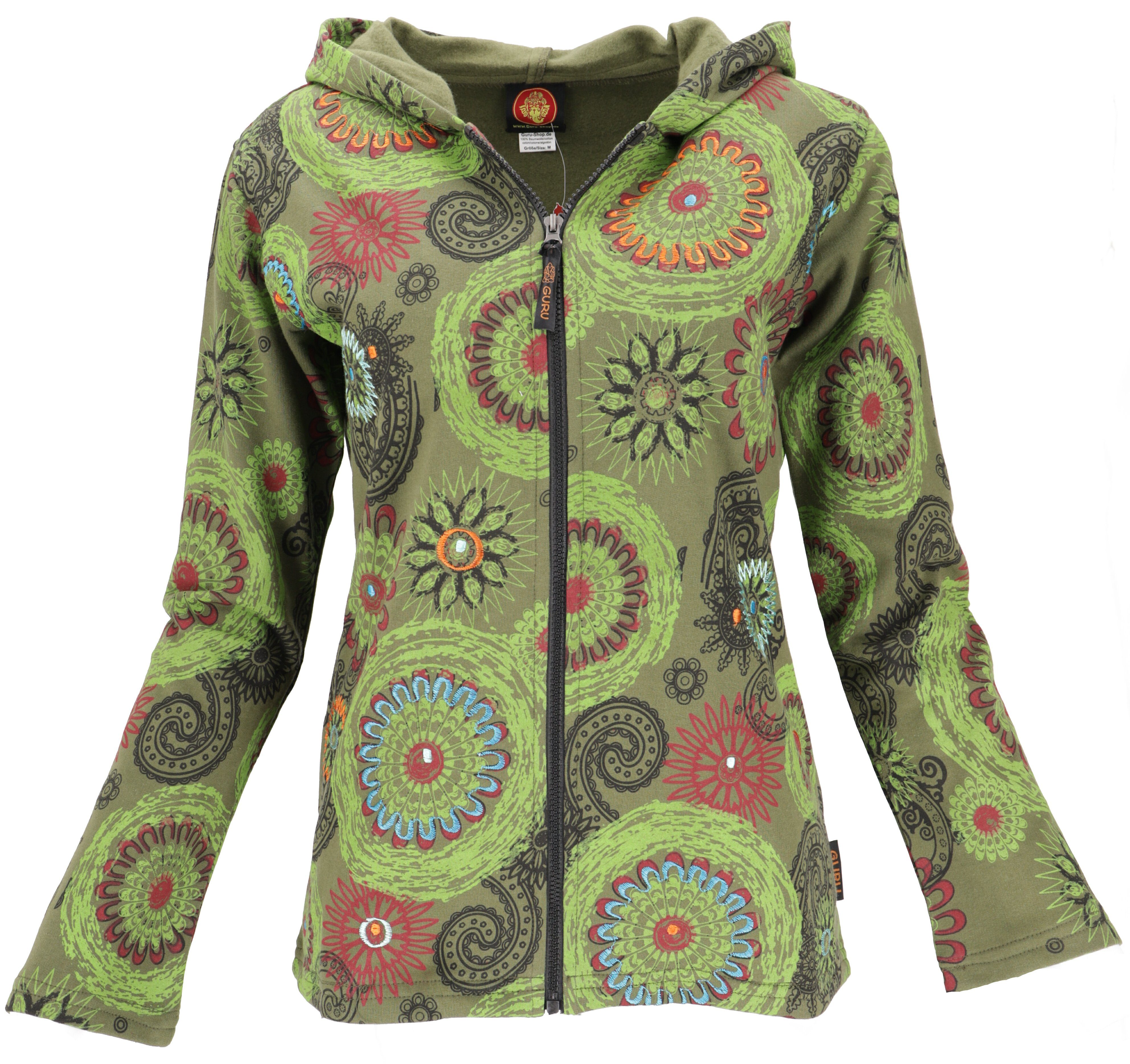 Guru-Shop Langjacke Boho Hippie chic Jacke, bestickte Jacke -.. alternative Bekleidung olivgrün/lemon | Jacken