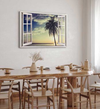Sinus Art Leinwandbild Wandbild 120x80cm Fensterbild Palme Strand Traumstrand Sommer Horizont, (1 St)