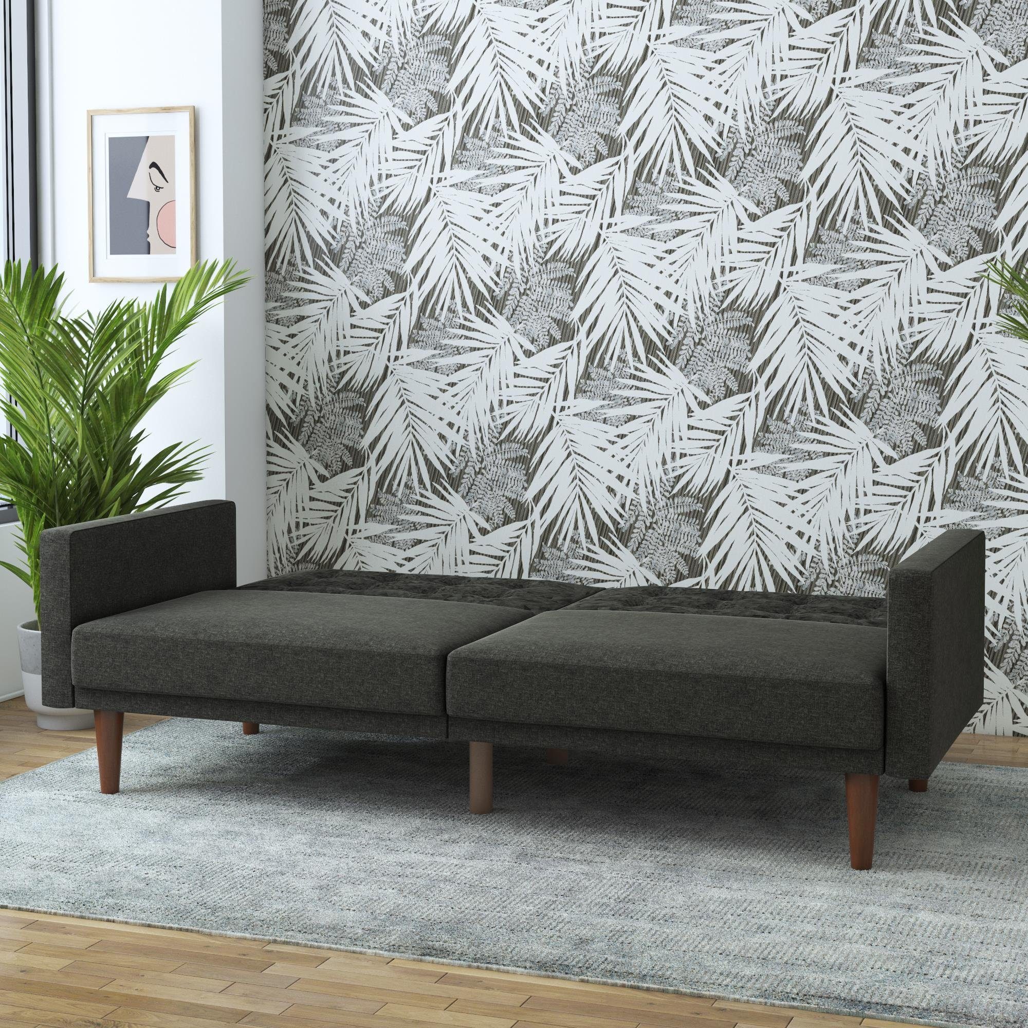 Schlafsofa Knopfheftung, Leinen, grau Wimberly, 199 aus cm Bezug loft24 Breite