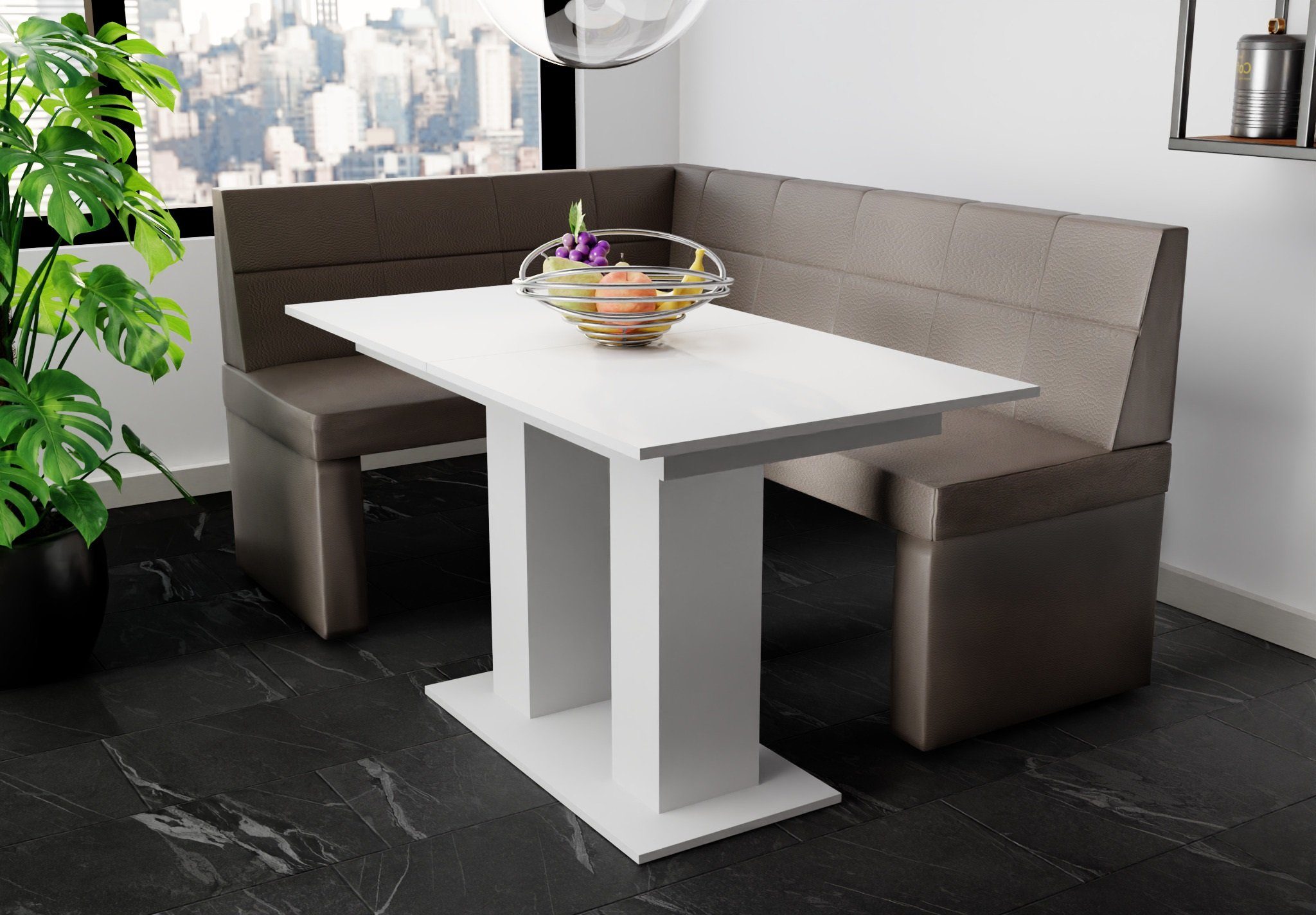 Fun Möbel Eckbankgruppe Eckbankgruppe „BLAKE XL“ Größe 196x142cm mit Tisch Weiß matt, ausziehbarer Tisch