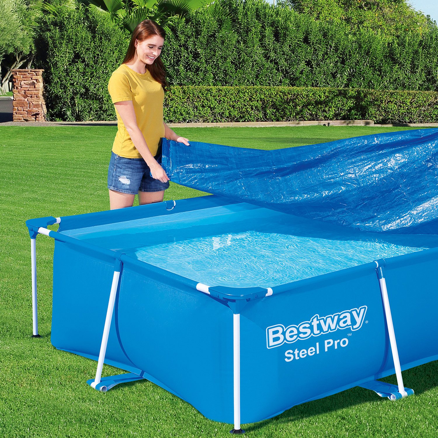 Bestway Pool-Abdeckplane 304 x 205 cm (Packung, 1-St., für 300 x 201 cm Bestway Frame Pools), Inkl. Befestigungsseil