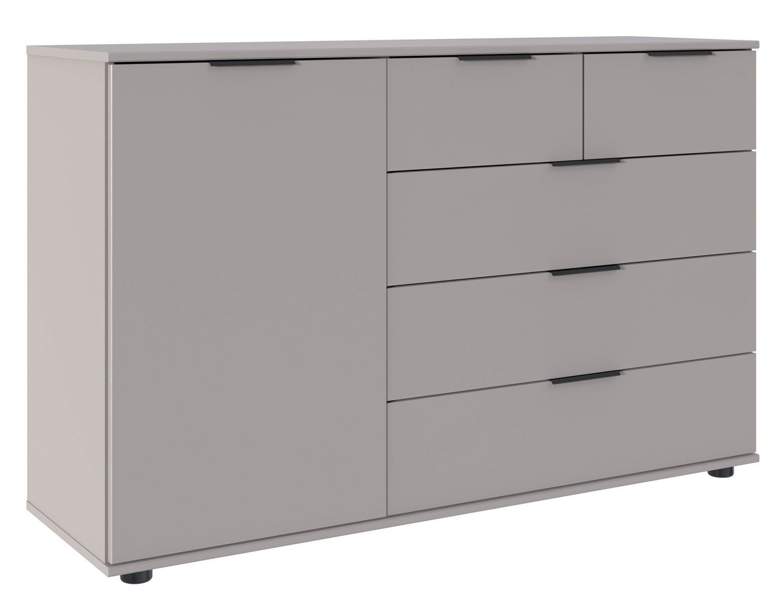 Wimex Kommode Tilburg (1-türig, 5 Schubladen, 1 St., moderne Optik, 1-türig, mit schwarze Metallgriffe, mit Kunsttofffüße), 130x41x83cm Sahara grau