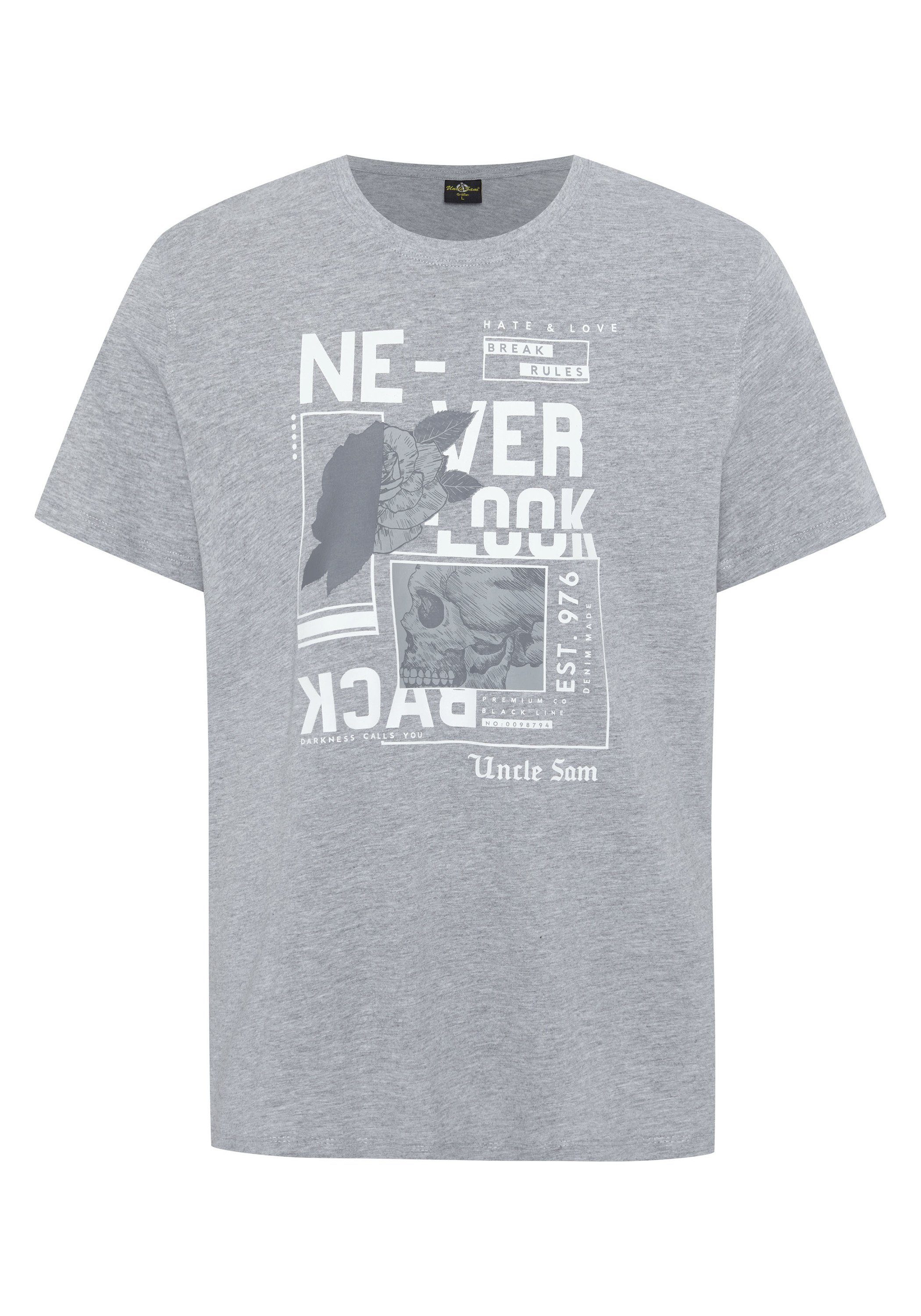 Uncle Sam Print-Shirt mit Neutral 17-4402M BACK Melange NEVER LOOK Schriftzug Gray