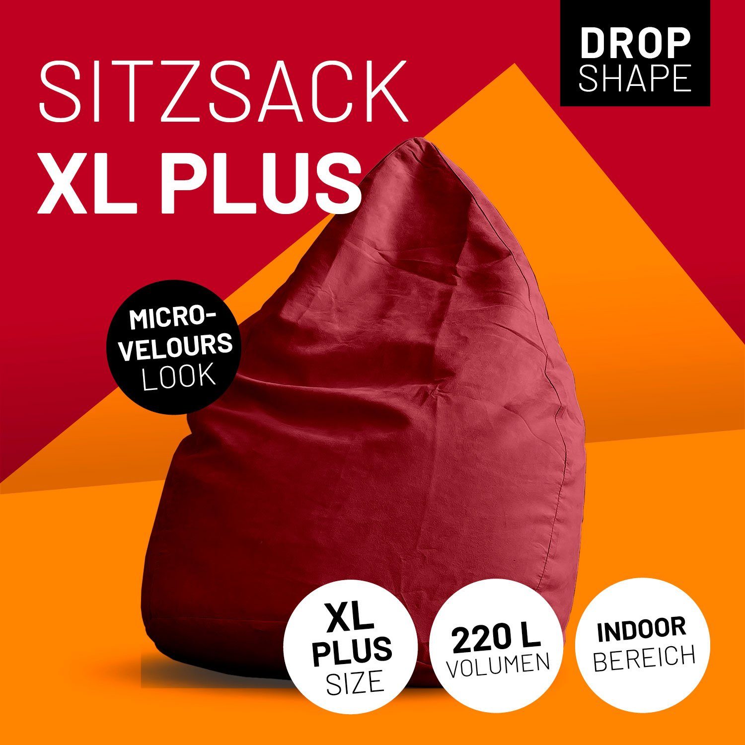 Lumaland Sitzsack Luxury 220L rot Sitzkissen weich Bodenkissen Microvelours Bean robust waschbar 85x65cm Bag, PLUS XL