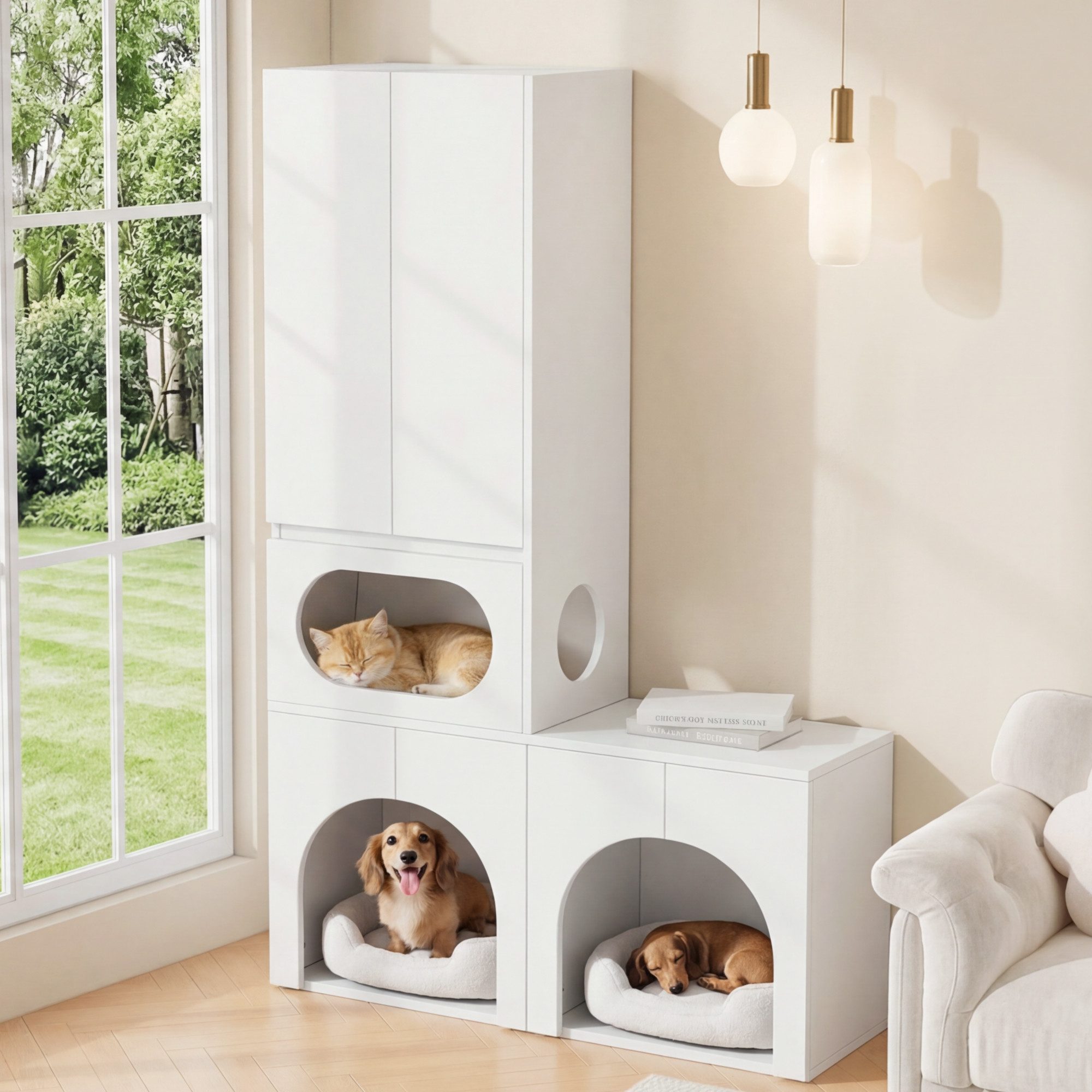 Flieks Katzenhaus Katzentoilettenschrank Haustierschrank, Mehrzweckschrank mit Ruhebereich Multifunktionsschrank Weiß