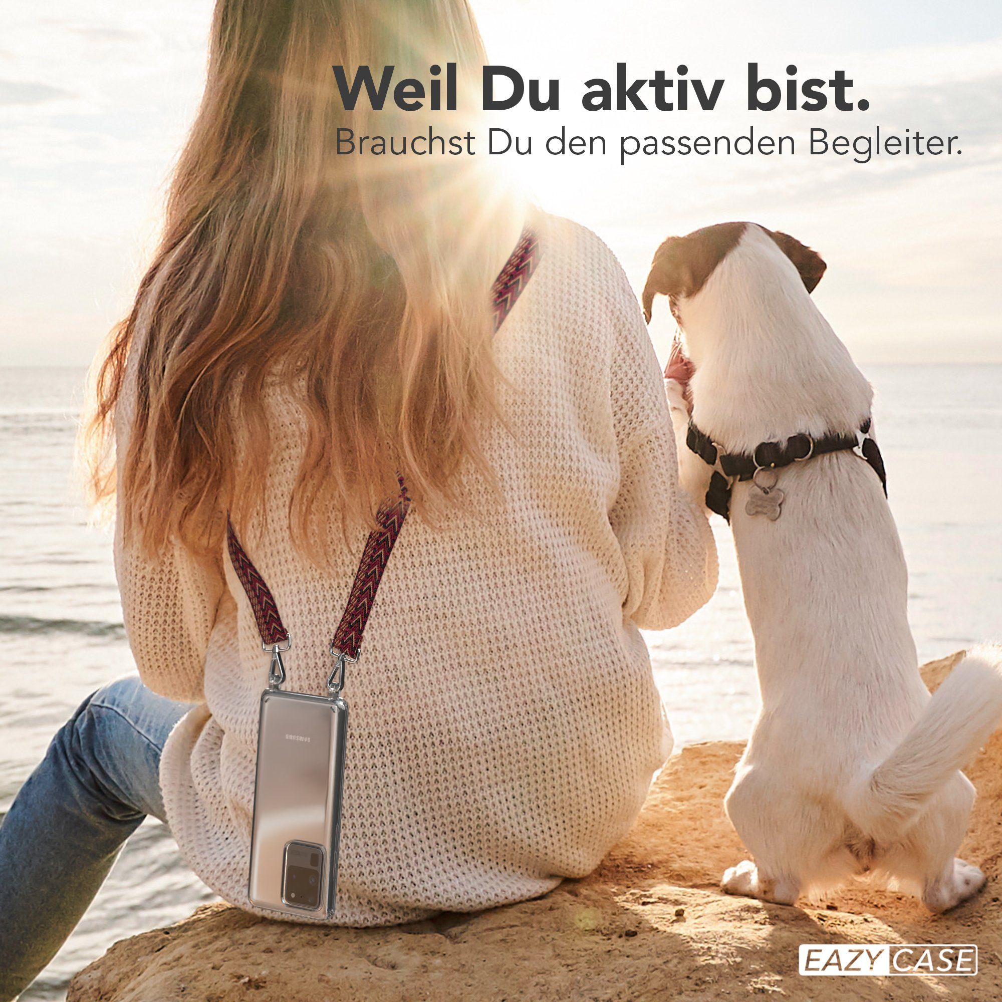 EAZY CASE Handykette Boho Umhängeband für Samsung Galaxy S20 Ultra / 5G 6,9 Zoll, dünner Riemen Silikon Hülle zum Umhängen Umhängetasche schmal Etui Rot