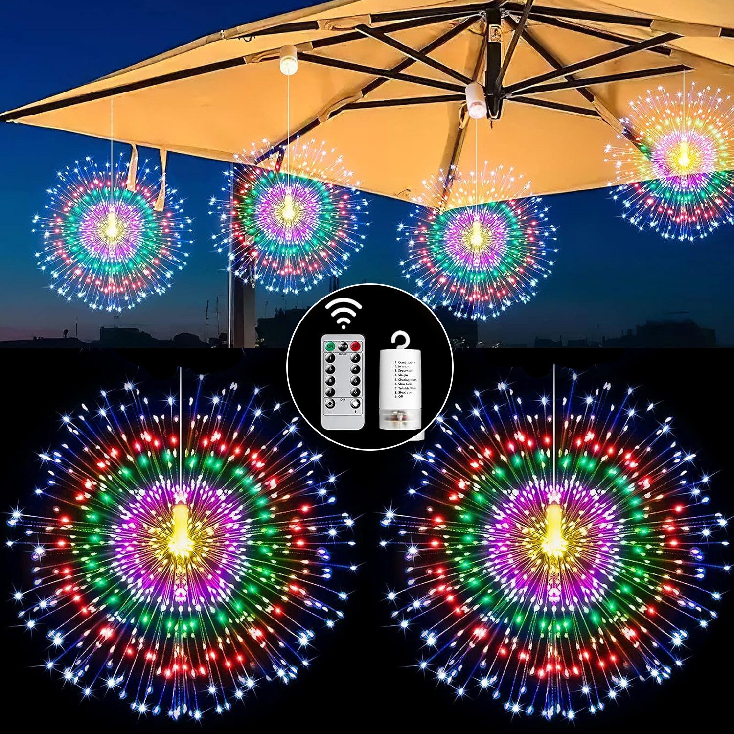 Jibenhome LED-Lichterkette Feuerwerk Lichter mit Fernbedienung,Weihnachtslicht Starburst,2 Stück, 200 LED,8 Modi,Batteriebetrieben,für Weihnachten Außen Innen Party