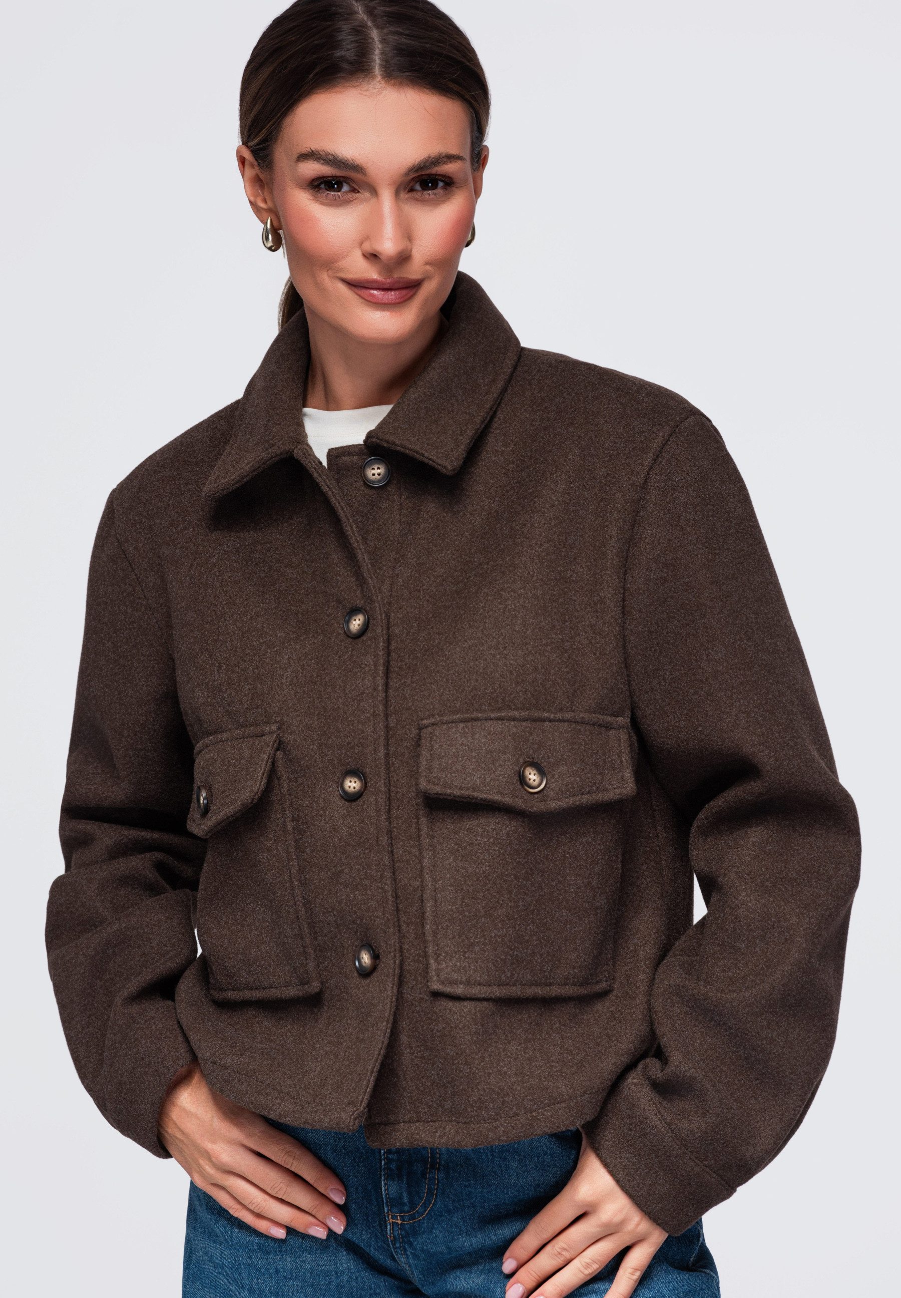 OMBRE Hemdjacke Damen Jacke mit klassischem Kragen im Casual-Stil Braun M (kein Set, 1-St) in Unifarbe