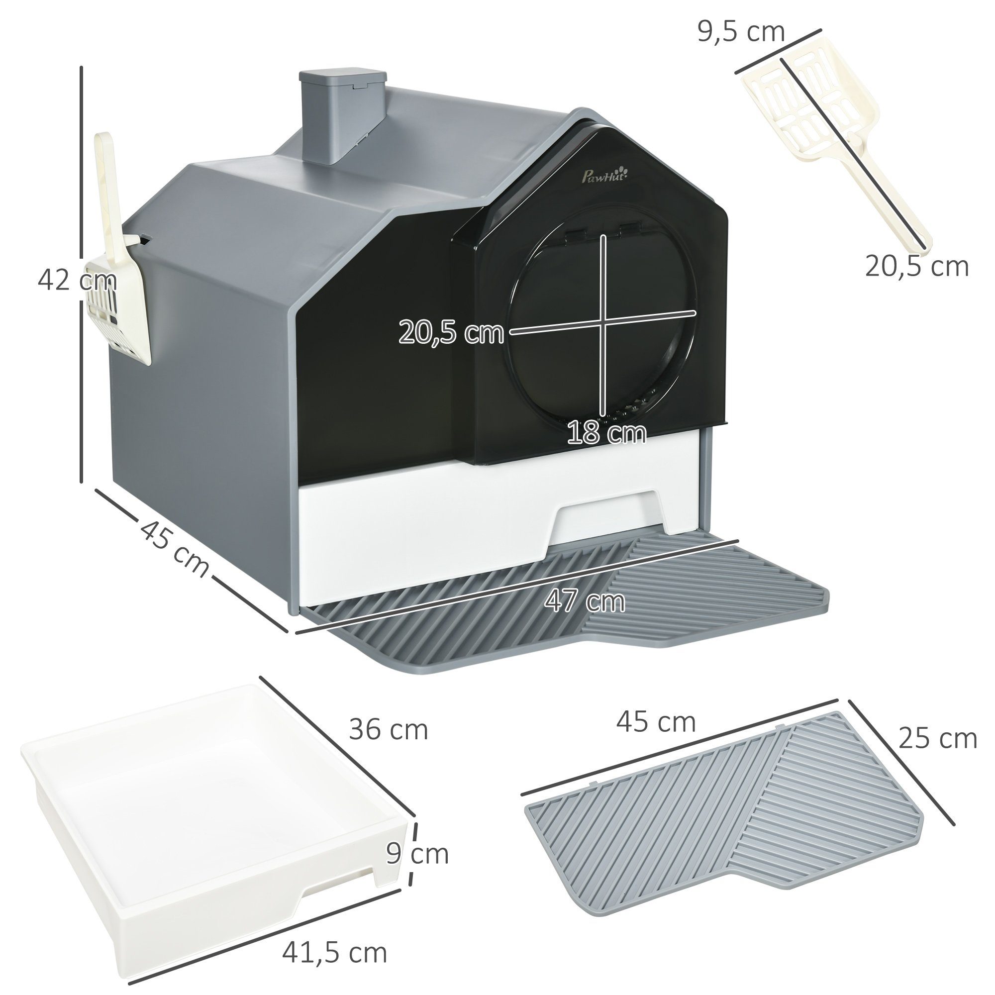 PawHut Katzentoilette Katzenklo mit Schublade Haube, ABS, Kunststoff, Weiß+Grau, Grau 47L x 45B x 42H cm