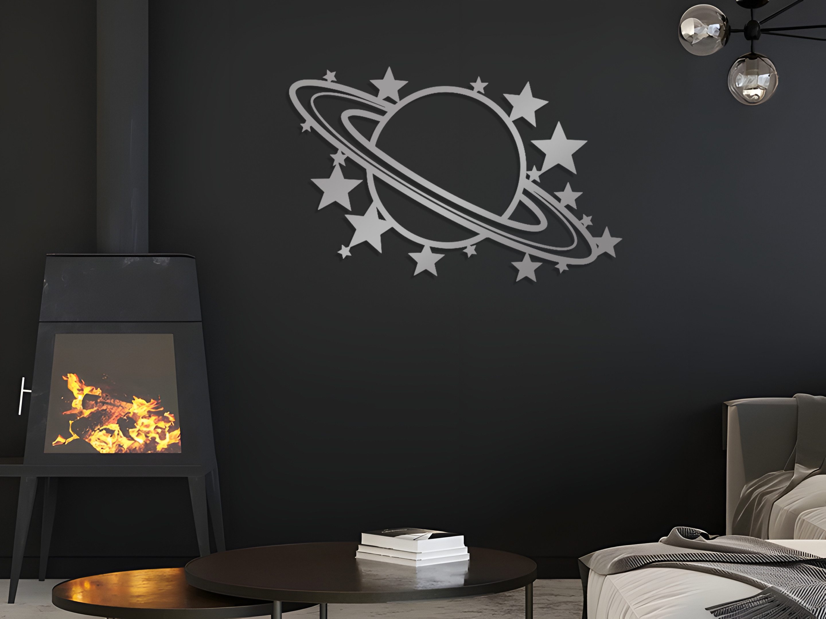 Jumpeak Wanddekoobjekt Wanddekoration mit Saturn und Sternen, Sternenhimmel, Strichkunst, Metall, 4 Farben, 3 Größen, Wanddekoration, Planeten, märchenhaft