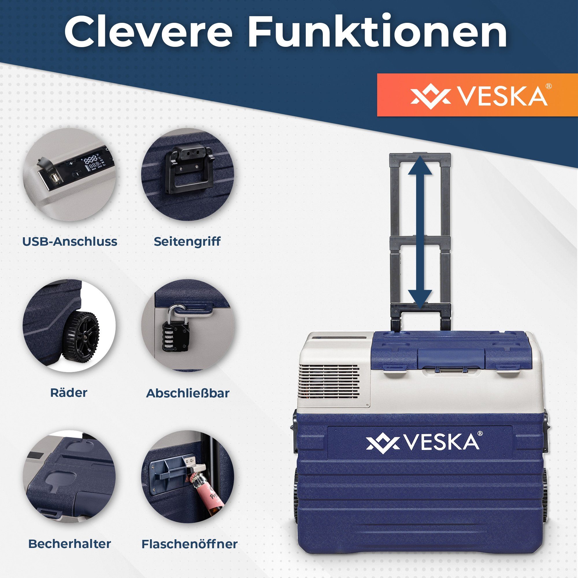 VESKA Elektrische Kühlbox Kompressor Gefriertruhe mobiler Kühlschrank, Kühltruhe, Gefrierbox, 12V/24V, 230V, für Auto, Lkw, Boot, Wohnwagen, Camping – Bild 5 von 5