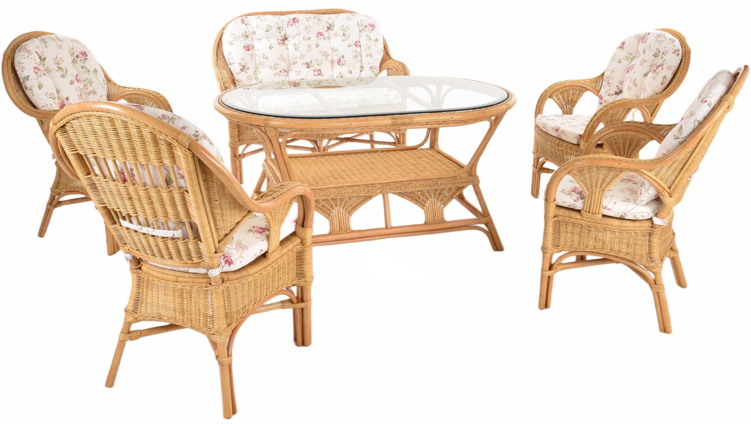 Krines Home Sitzgruppe Set 144 Dining Honig 1/1/1/1/2/T Oval+WH mit Kissenset Helen Rosa, (6-tlg., 4x Sessel, 1x Zweisitzerbank, 1x Tisch), Rattangruppe Rattanmöbel (geblümter Stoff, 6-teilig)