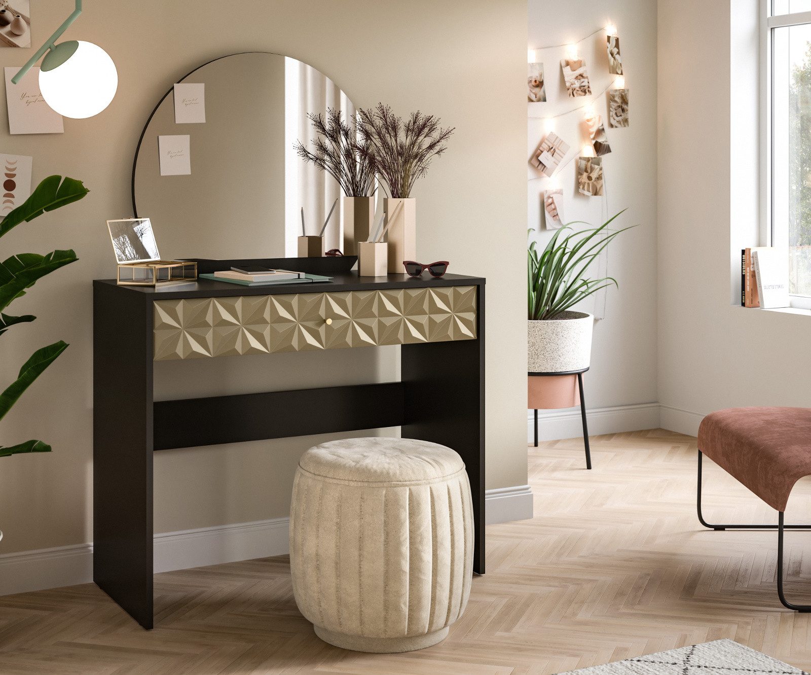 Inn.Furn Schminktisch Relief (Frisiertisch in schwarz und Gold mit Spiegel und Schublade, 90 x 133 cm), glänzende 3D-Front