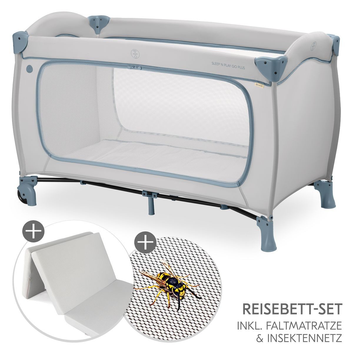 Hauck Baby-Reisebett Sleep N Play Go Plus Set - Dusty Blue, Baby Kinder Reisebett mit Eingang, Matratze, Insektenschutz & Rollen