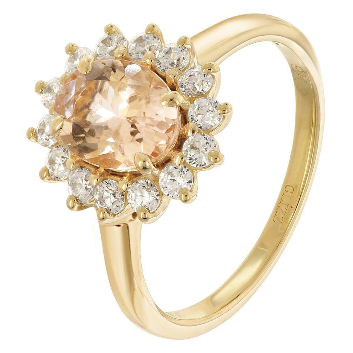 Glizz Solitärring GL1137-09, Damenring Gelbgold 375/9K mit Rosa Morganit und Zirkonia