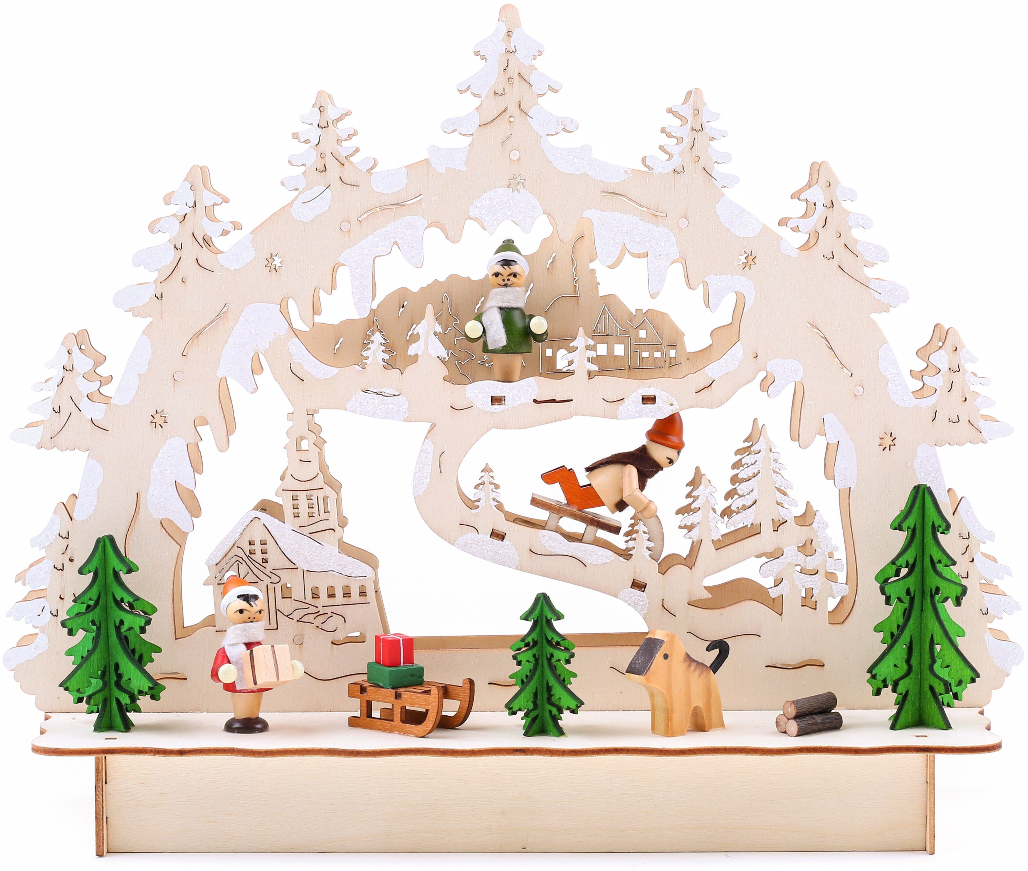 BRUBAKER LED Lichterbogen Schwibbogen - Winterlandschaft mit Kirche, traditioneller Holzbogen mit 3D Szene beleuchtet handbemalt 24 cm hoch