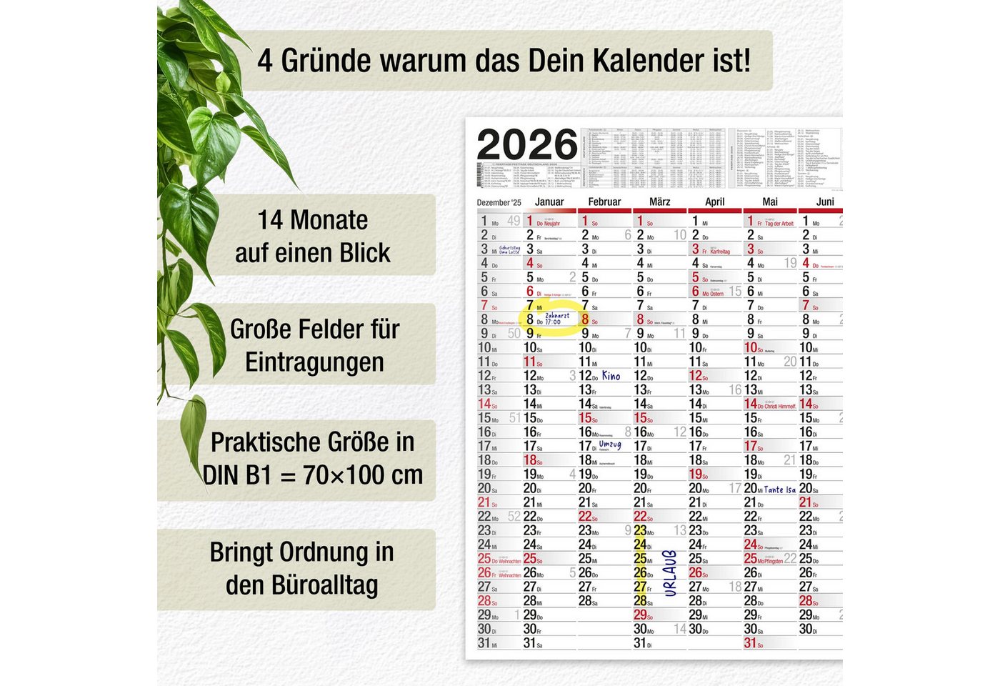 Thumbnail - TOBJA Wandkalender XXL Wandkalender 2026 100 x 70 cm gerollt, Jahreskalender 2026 Bürokalender Planer