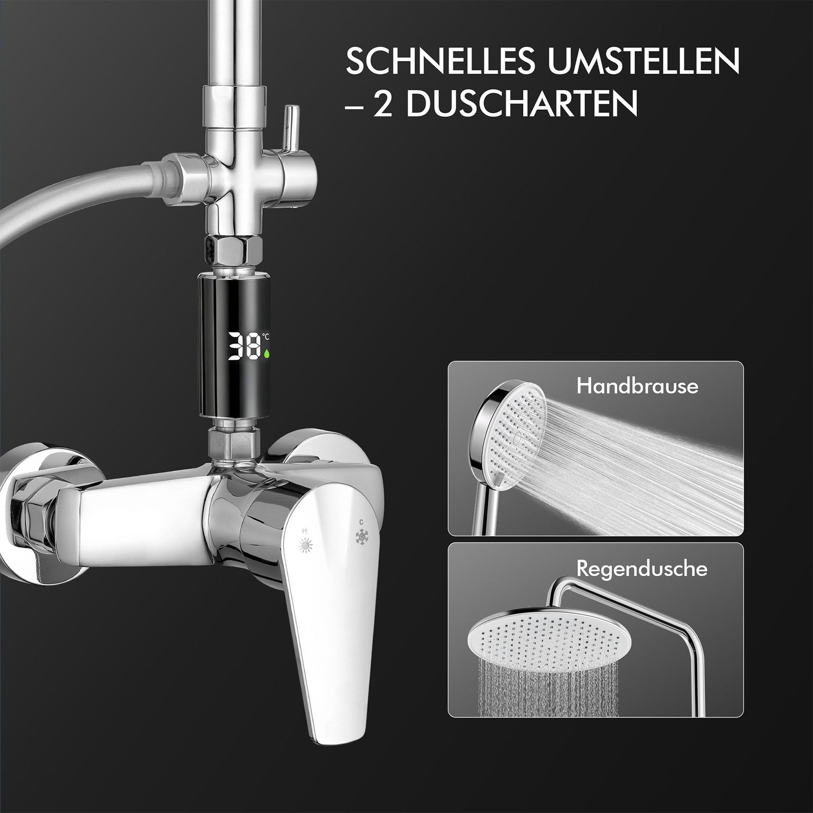 HOMELODY Duschsystem Regendusche 10 Zoll LED Temperaturanzeige 2 Funktionen, Mit LED Anzeige, 3 Strahlarten, höhenverstellbar, kein zweites Bohren – Bild 5 von 5
