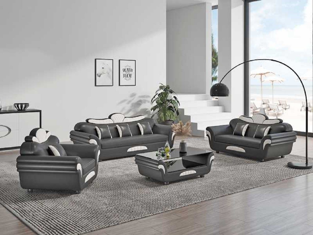 JVmoebel Wohnzimmer-Set Couchgarnitur Sofagarnitur Sofa Sessel Komplette 3tlg Sofas, (3-St., Nur Sofa 2+3 Sitzer + Sessel), Made in Europe Schwarz