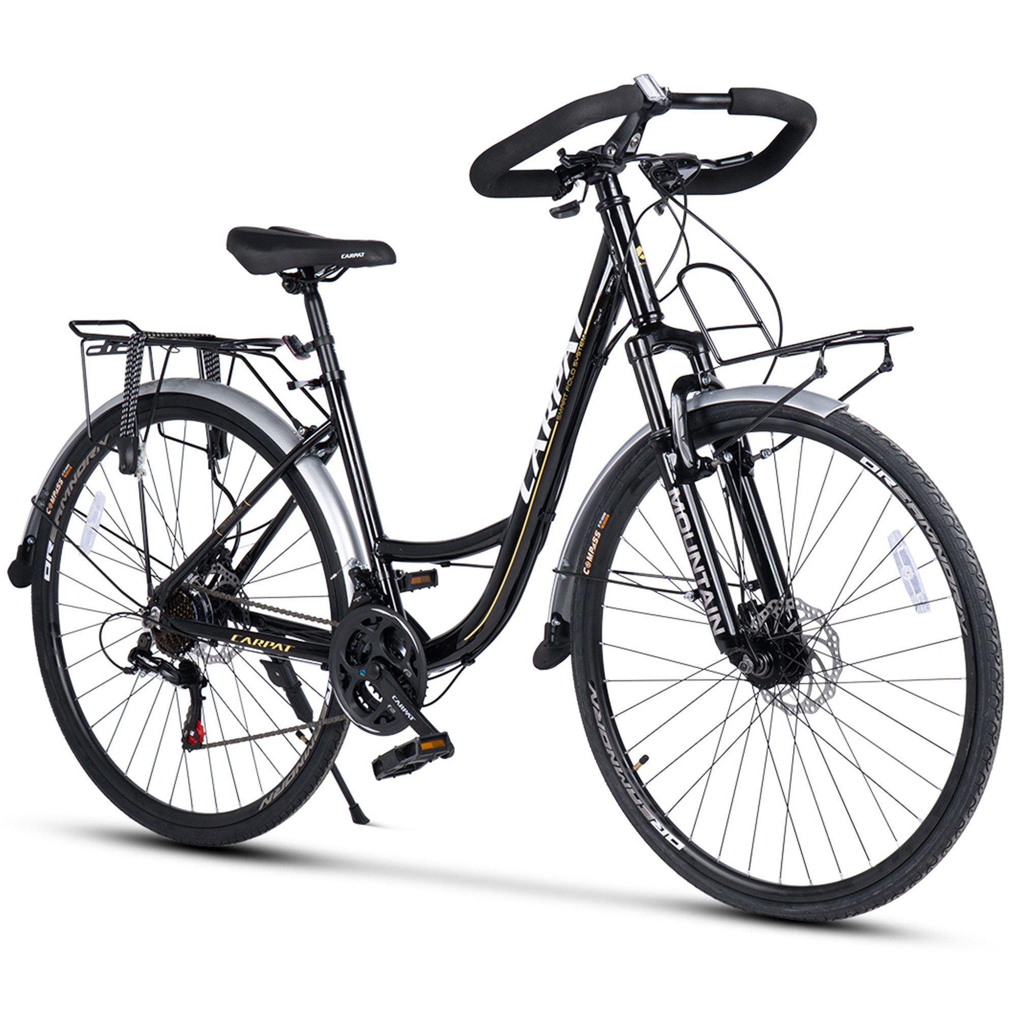 CARPAT SPORT Cityrad 28 Zoll Trekking Bike City Fahrrad für Damen Herren, 21 Gang Shimano Tourney Schaltwerk, Kettenschaltung, City Commuter Citybike Fahrrad mit Scheibenbremse Gepäckträger