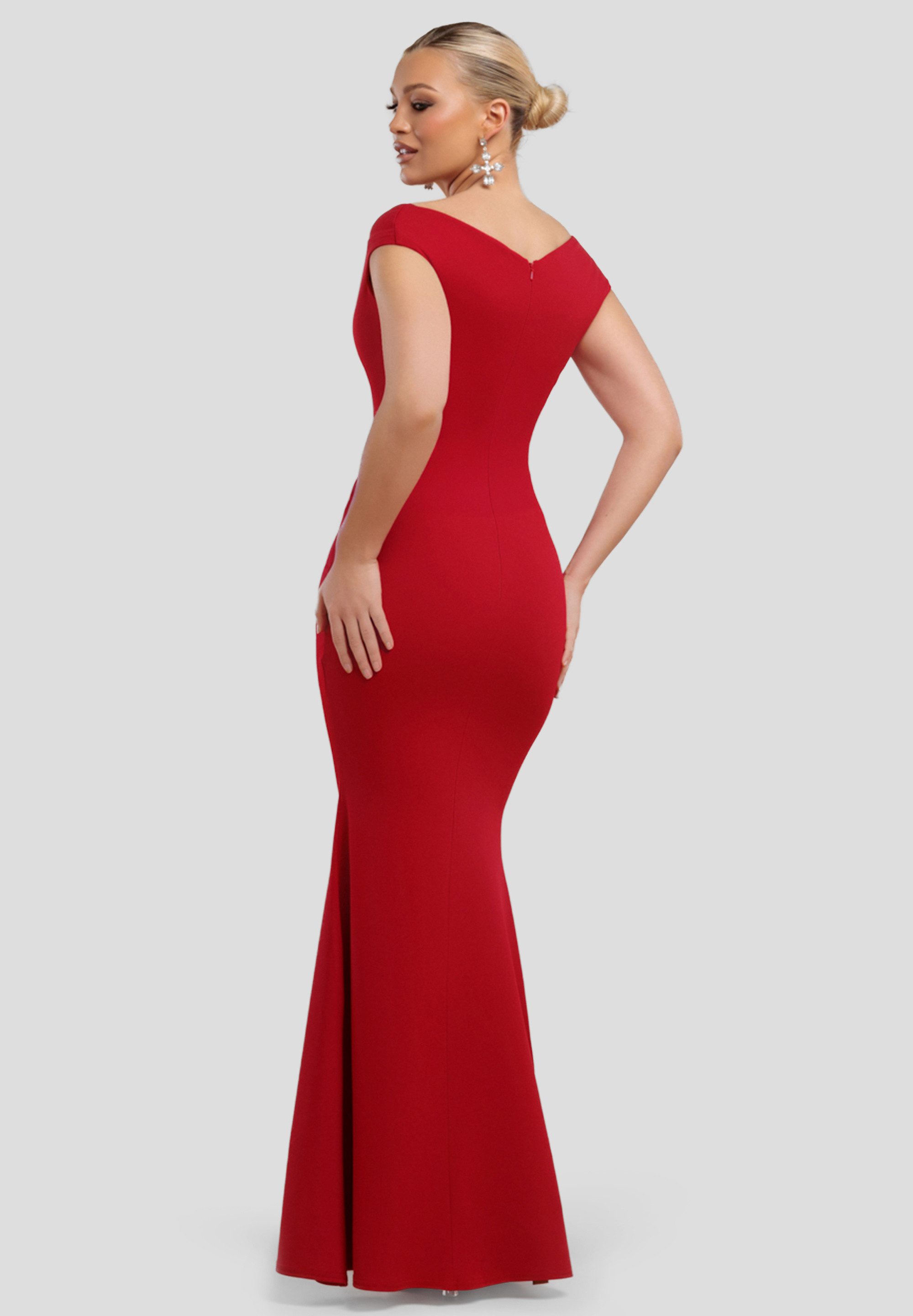 Goddiva Maxikleid Bardot Pleated Maxi Dress Langes Kleid, Bardot Ausschnitt, Schulterfrei