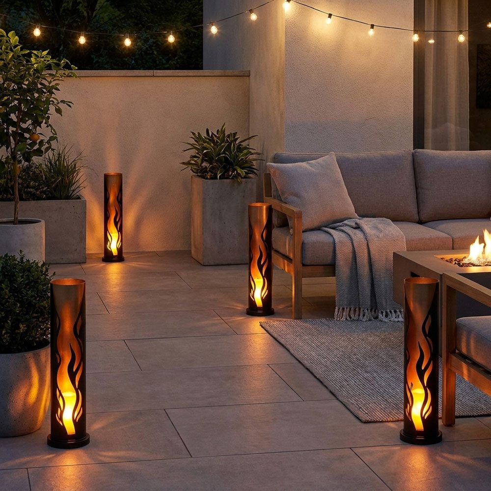 Harms Import LED Solarleuchte, LED-Leuchtmittel fest verbaut, 2x Solarleuchte Stahl schwarz gold Feuer-Effekt Gelb LED Höhe 49 cm