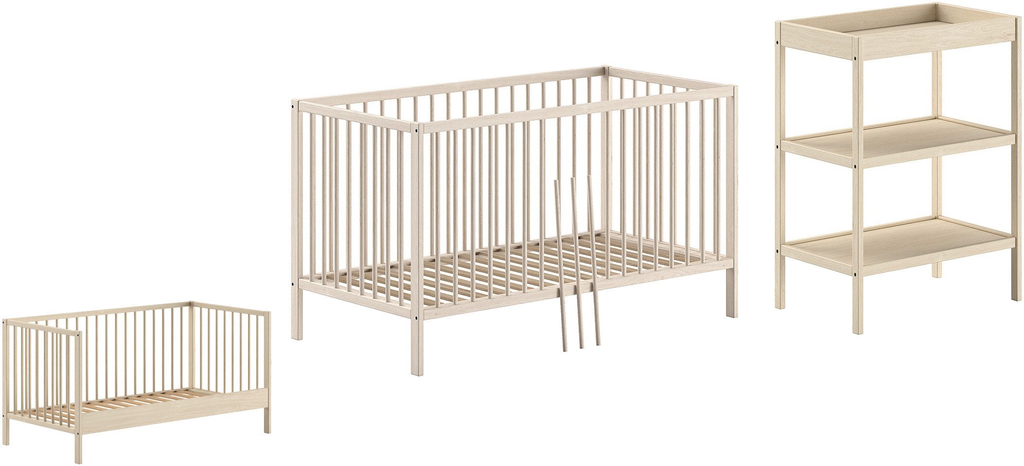 Vipack Babymöbel-Set Dino ist das ideale Start Set für Ihr Kind aus massiver Buche, (2-tlg), Baby-/Juniorbett u. Wickelregal inkl. wahlweise in 3 Farben erhältlich