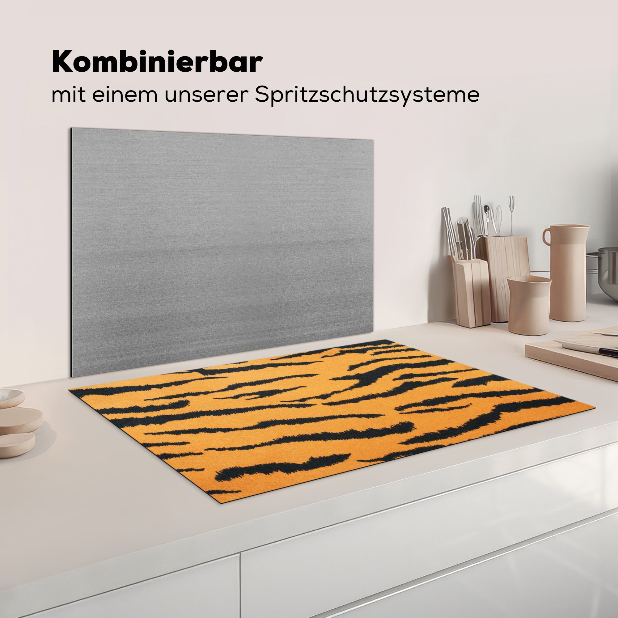 Schutz Induktionskochfeld MuchoWow Tigerdruck küche, (1 Orange, 81x52 cm, - tlg), die Ceranfeldabdeckung für Herdblende-/Abdeckplatte Braun - Vinyl,