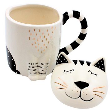 Dekohelden24 Tasse Kaffee-Becher, Teetasse als Katze mit Deckel aus Keramik, Schwarz-Weiß, Keramik