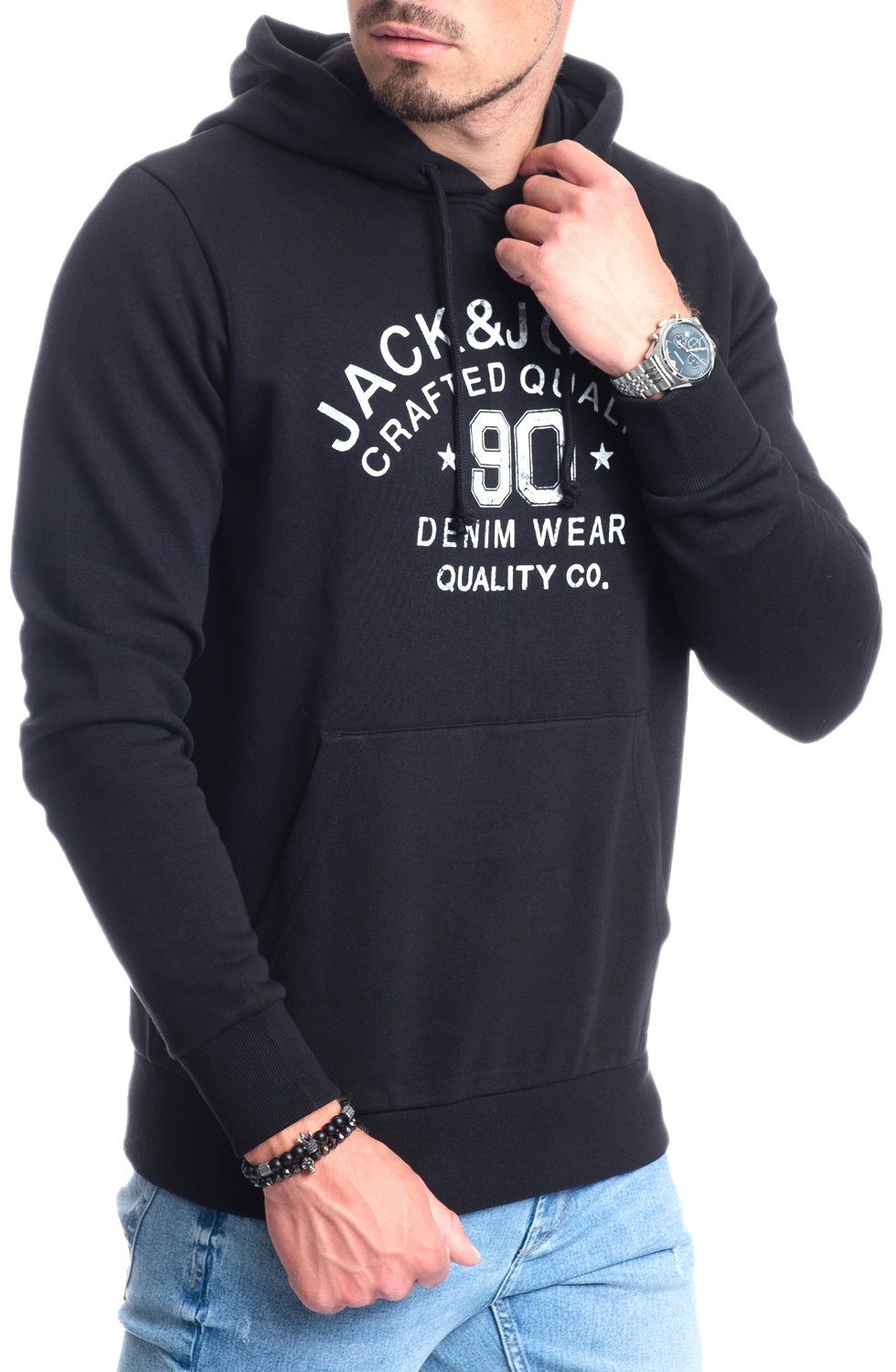 in mit & Black06-White Unifarbe Logodruck, T-Shirt Jones Kängurutasche, Jack mit Kapuze,