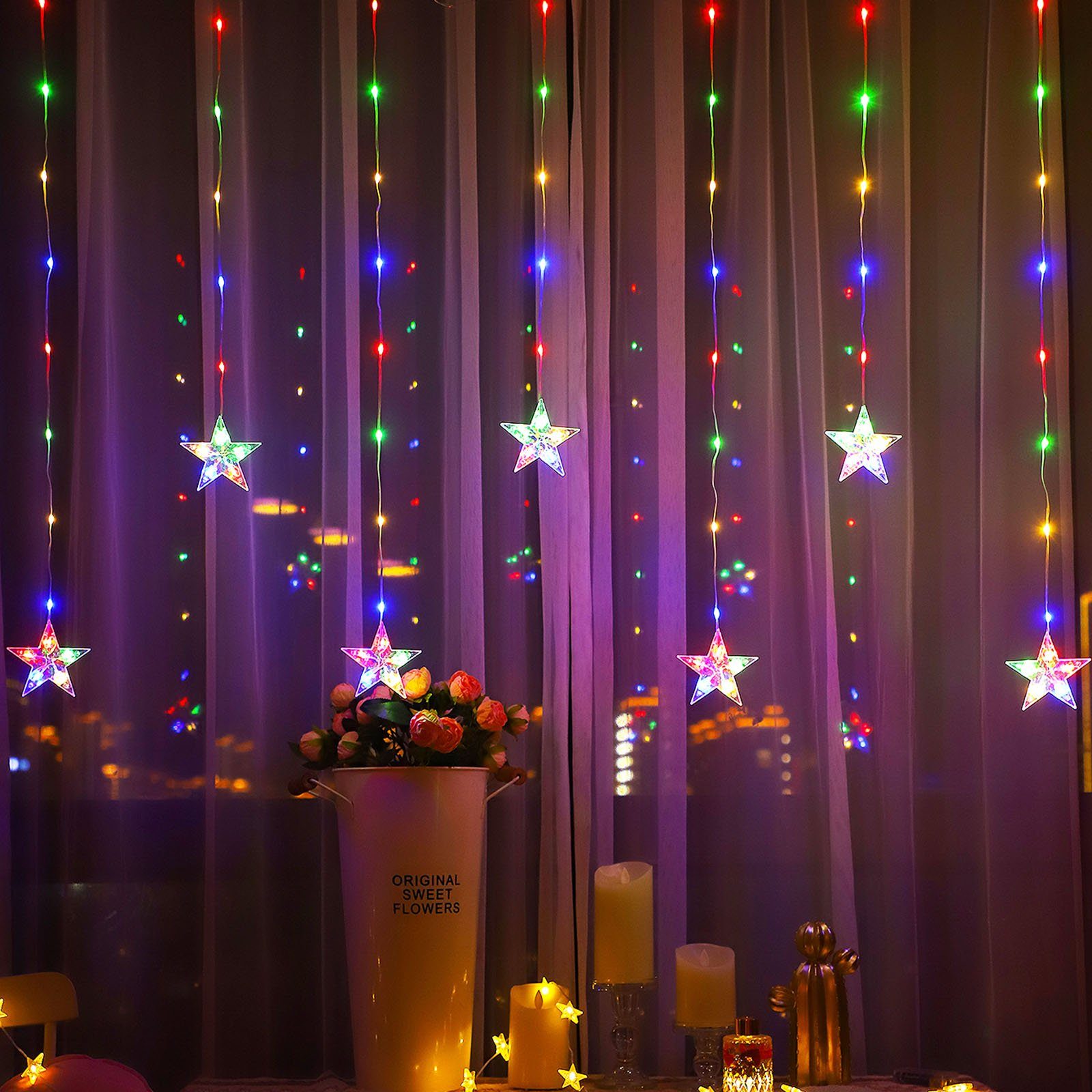 Rosnek LED-Lichtervorhang 2M, Stern, Hochzeit batterie, Ramadan für Camping Multicolor, Party Weihnachten, Zelt Schlafzimmer