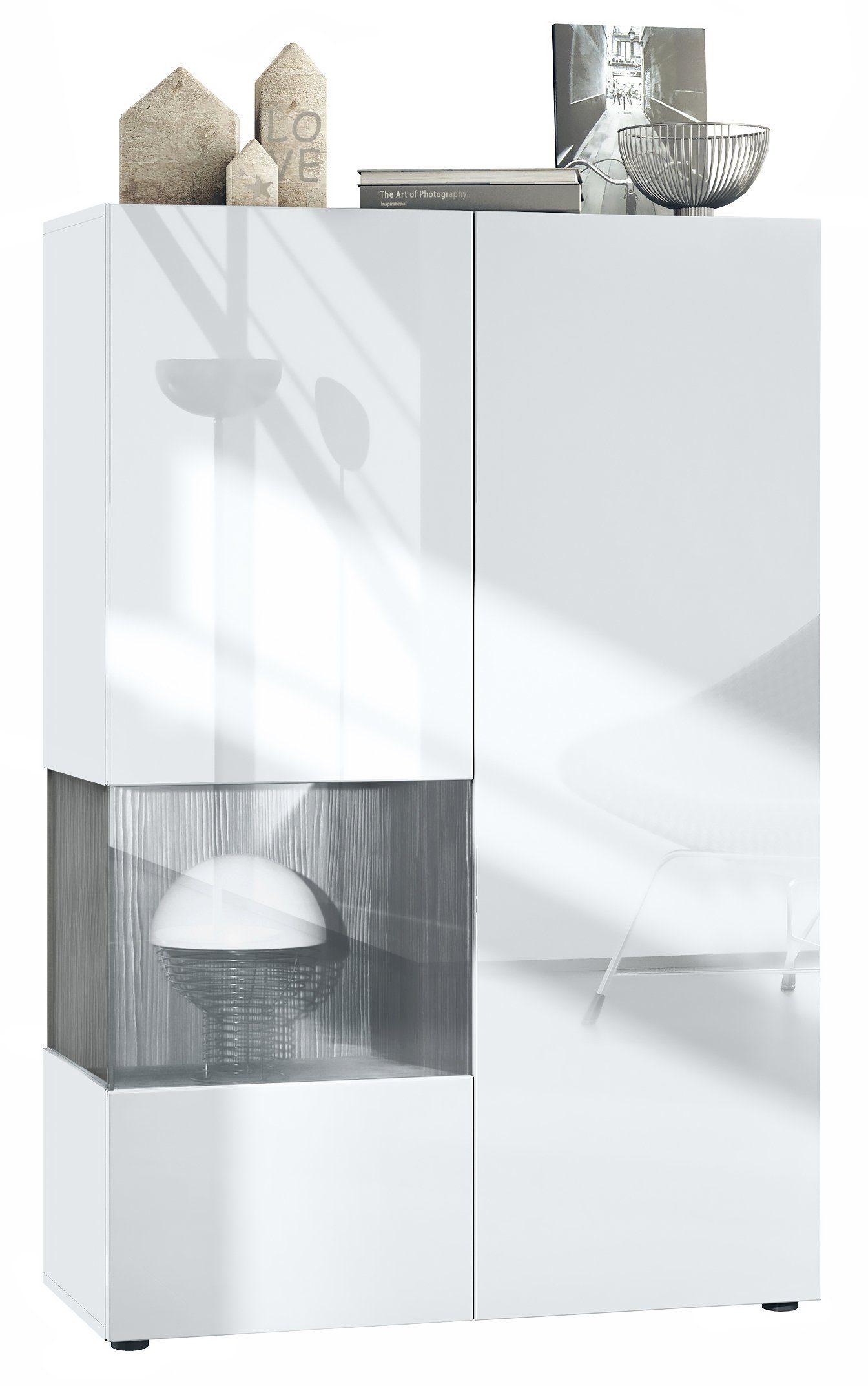 Vladon Standvitrine Morena V2 (Standvitrine, mit 2 Türen und Glaseinsatz) Weiß matt/Weiß Hochglanz/Avola-Anthrazit (91,5 x 136,5 x 37 cm)