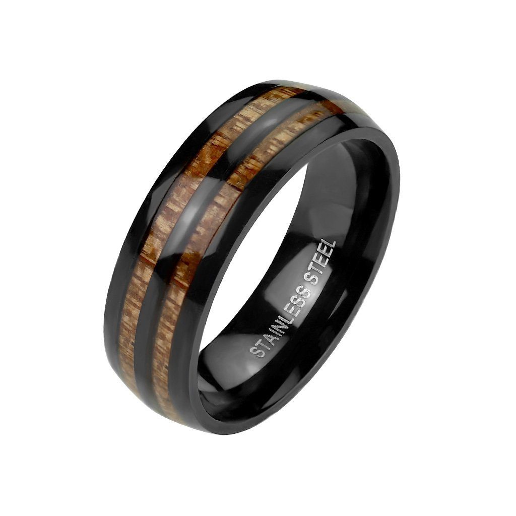 Holz-Reihen schwarz aus Fingerring Effekt mit (Ring, BUNGSA Edelstahl 3D Ring 1-tlg), doppeltes Unisex Holz-Inlay