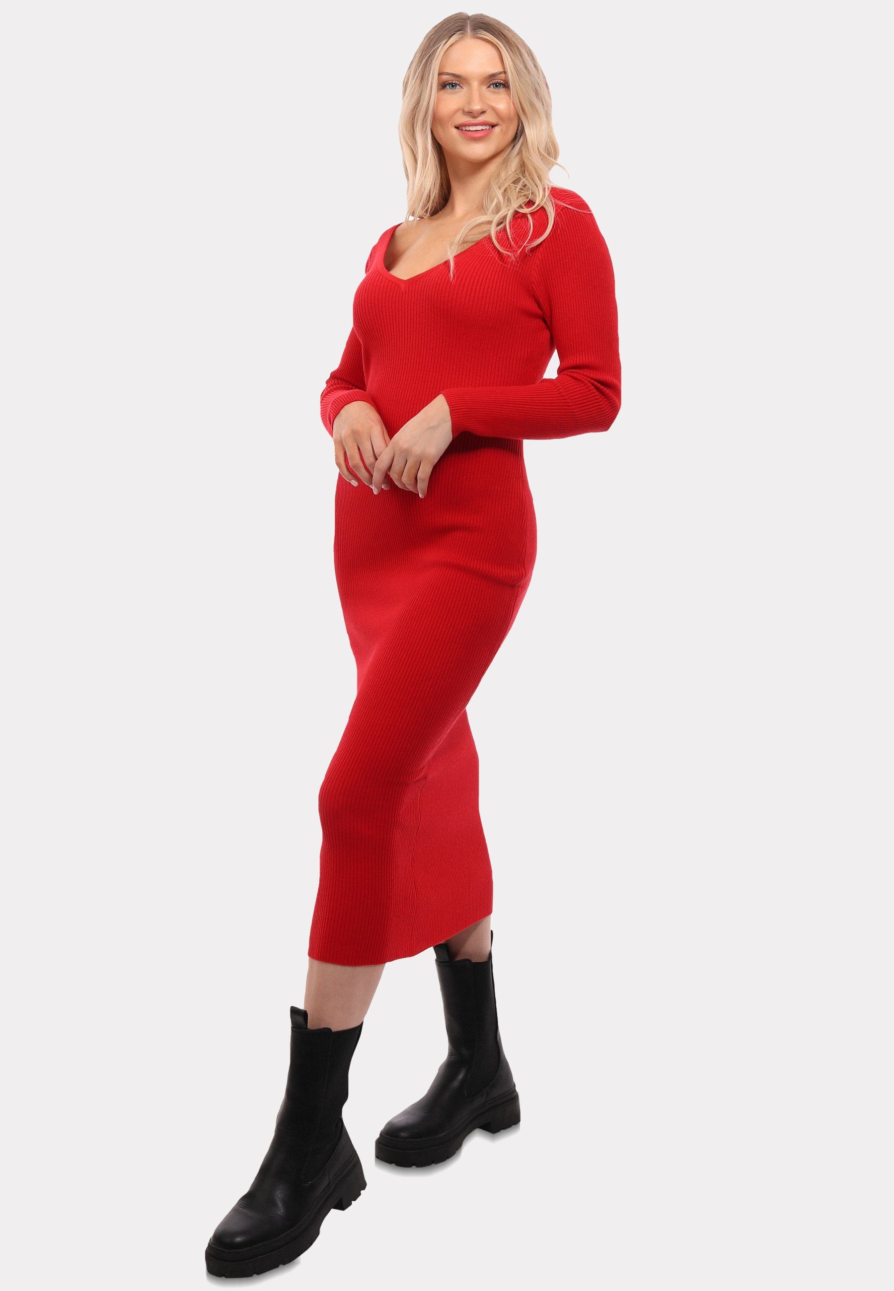 YC Fashion & Style Strickkleid Unifarbe Strickkleid (1-tlg) KNIT rot DRESS in mit V-Ausschnitt