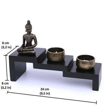 Flanacom Buddhafigur Zen Garten Buddha Figur - Mini Garten Kerzenhalter (Set, mit Buddha Statue, 2 Teelichterhaltern und 2 Teelichtern), Naturholz Esotherik Set